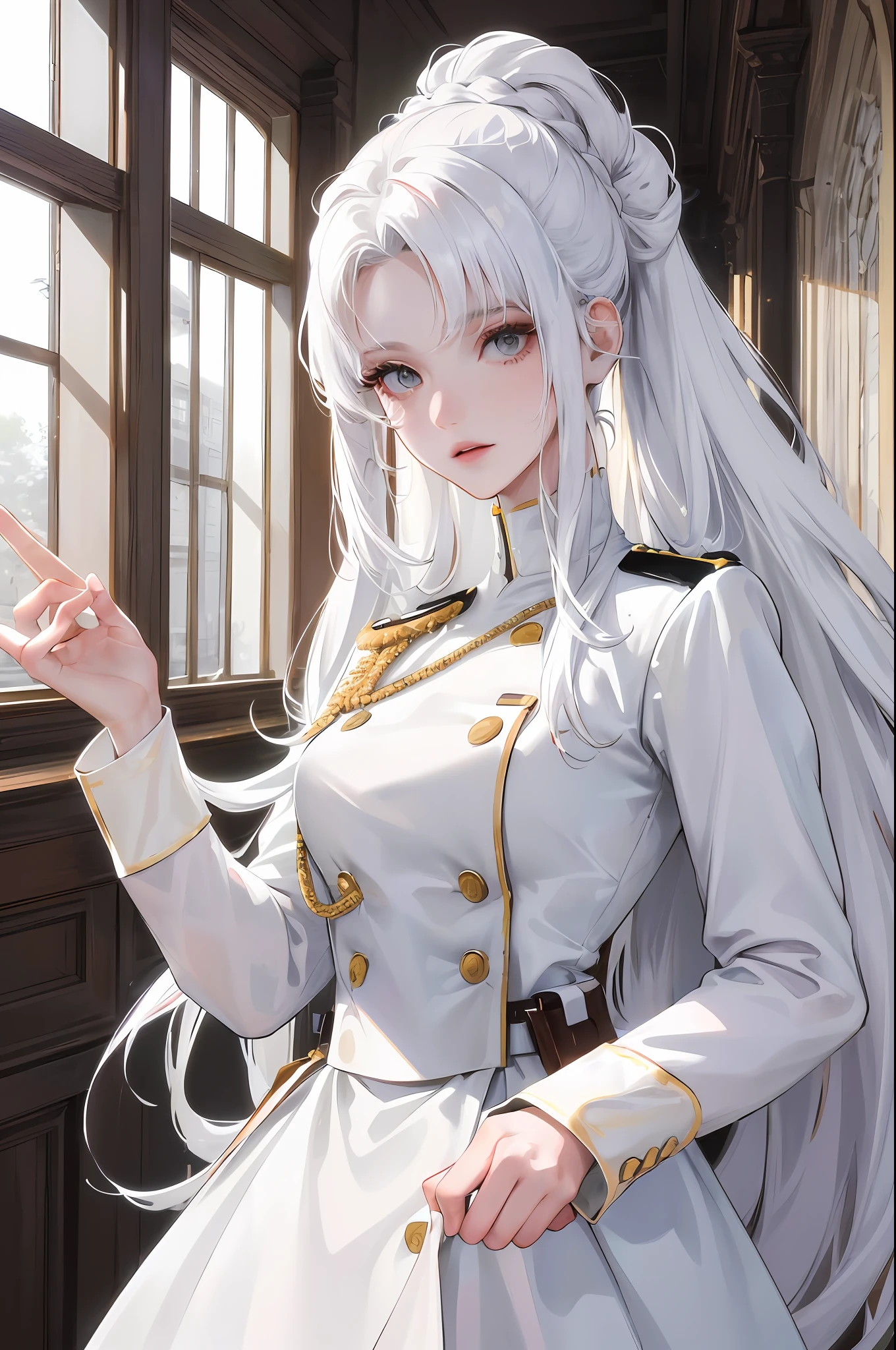 (highest resolution, distinct_image) the best quality, woman, masterpiece, high detail, semi-realistic, white hair, long hair, (updo), bangs, 21 years old, mature, young, white clothes, white uniform, military school beauty heroic heroic posture interior background exquisite and exquisite facial features