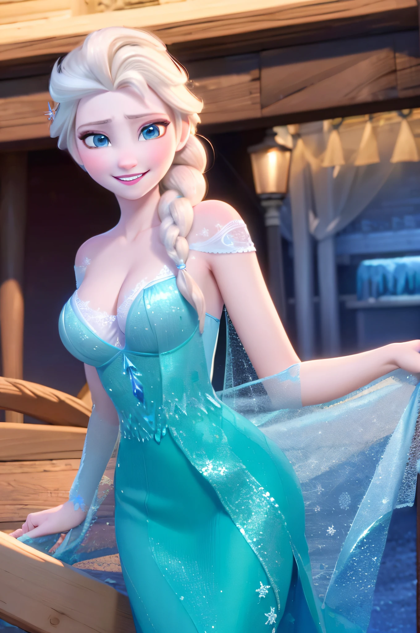 (masterpiece:1.4), (best qualit:1.4), (high resolution:1.4), elsa of arendelle, smile, single braid, bedroom, bra, breasts