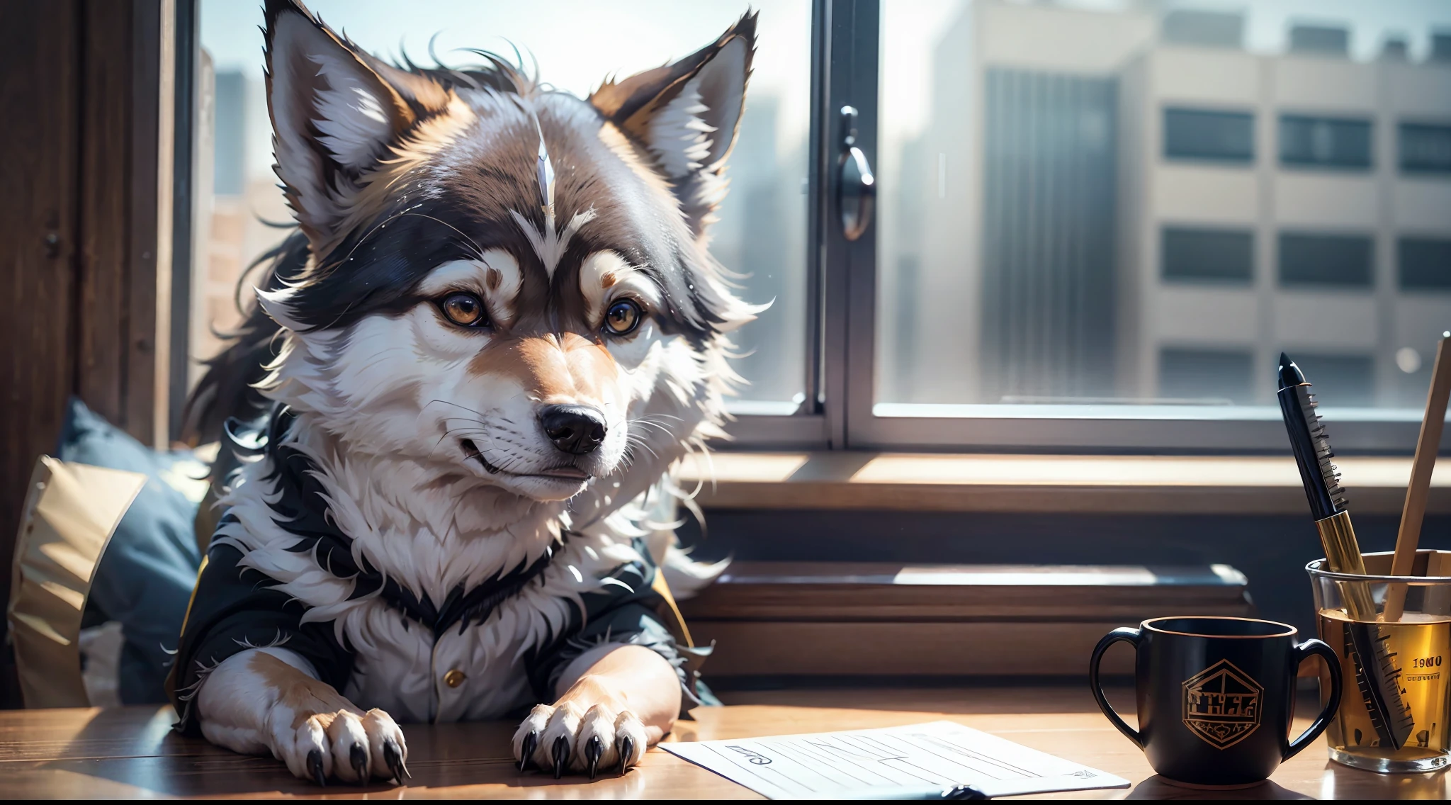 A 5cm long pocket wolf on desk, book, ruler, look at me, super fine, 16k resolution, master work, overhead lens, dynamic viewing angle