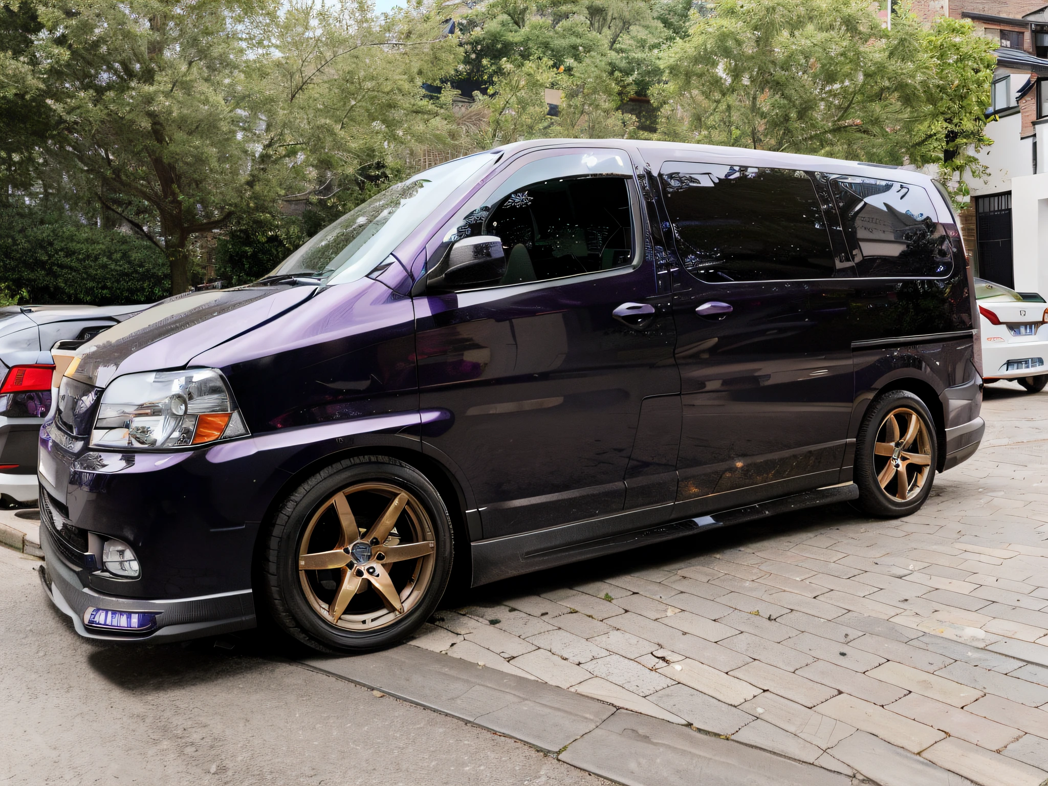 arafed purple van parked on a brick road next to a building, ( side ) profile, full car, 3/4 side view, front side, sideview, front profile shot, front side full, wide angle + masterpiece, side front view, front profile, side-view, side - view, low purple flame, jdm, frontview, from side