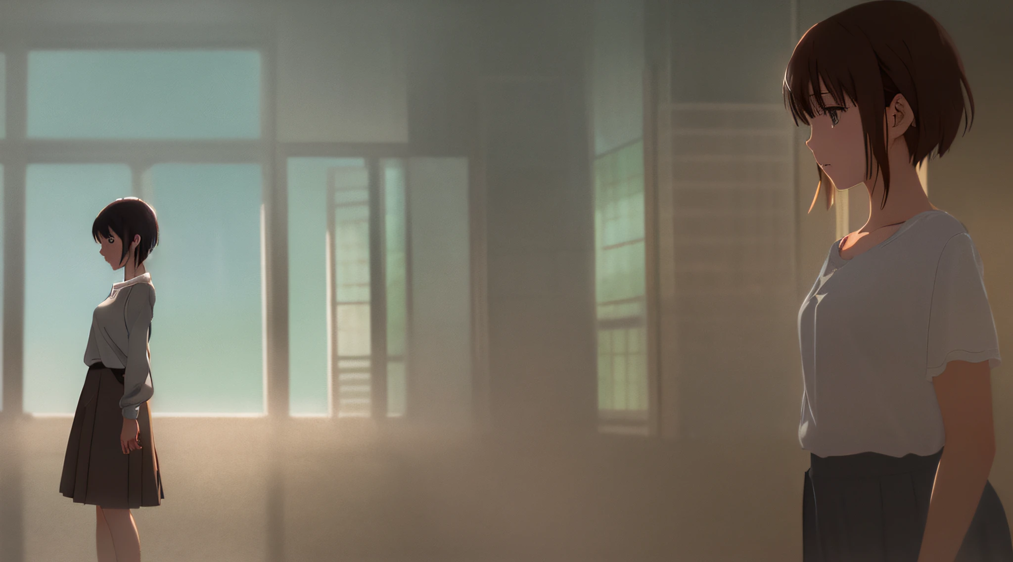 Detailed and perfect anime style illustration, brown short hair, very cute young woman, female focus, solo, grey shirt, wearing gray long skirt. Daydream, dramatic and fantastic foggy mysterious background, background blurred, dramatic lighting Makoto Shinkai
