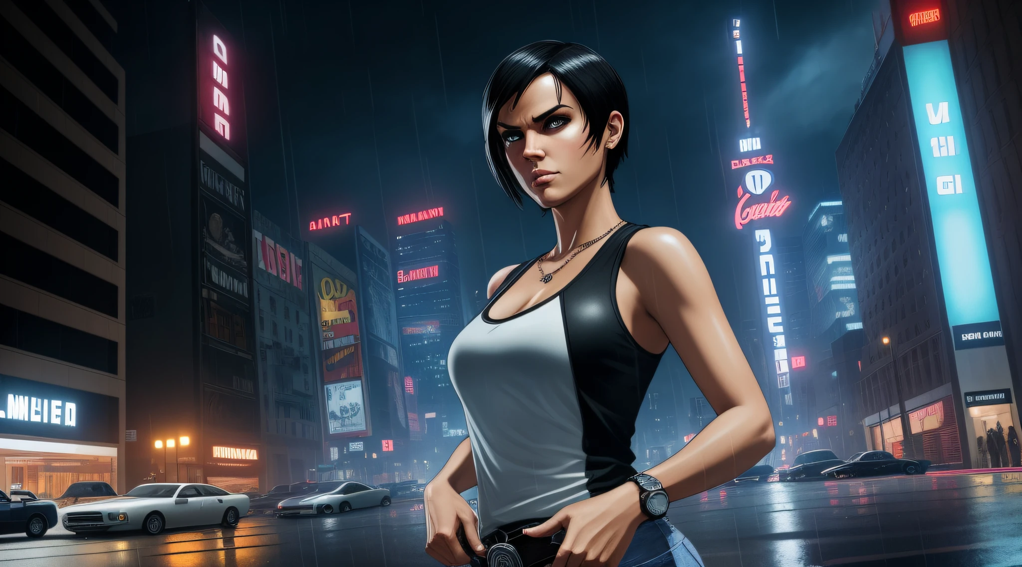 ((gta v style)), ((gta v wallpaper style)), ((gta v artwork)), realistic, photorealistic, cinematic, cinematic lights, dark colors, volumetric lights, reflections, dramatic, ultra detailed, modern, ((masterpiece)), close on face, background embassado, faint colors, beautiful, ultra detailed face, beautiful eyes, detailed eyes, sexy woman, solo, blue eyes, short hair, black chanel hair, hair in the wind, light age marks,  Slim fitness body, angry face, white tank top, jeans, giant city, tall buildings, neons, raining, drops, thunder, night.