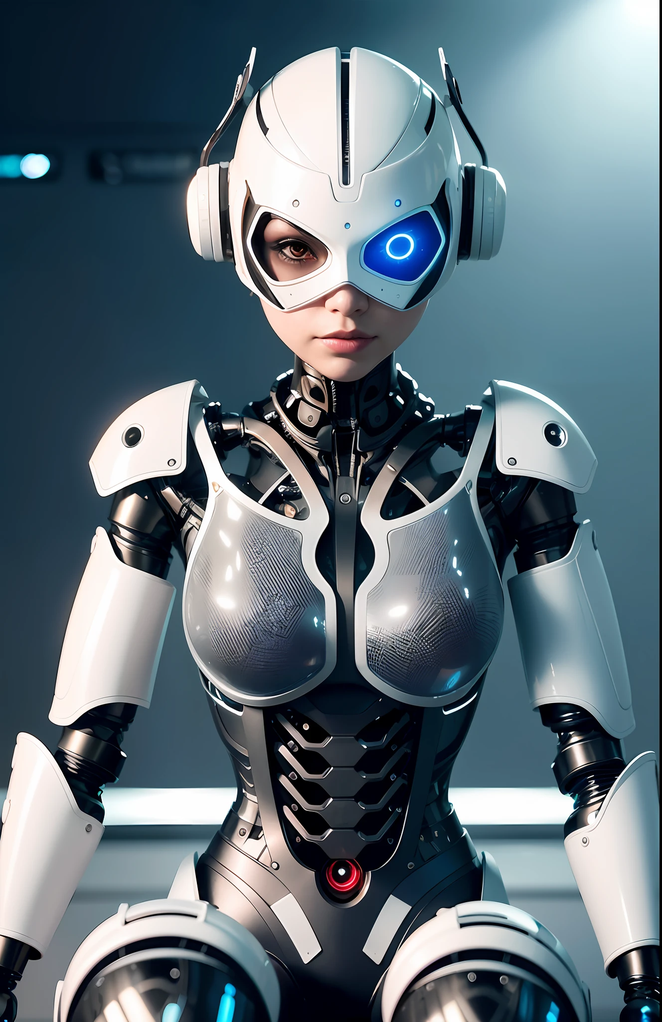 Complex 3d rendering very detailed beautiful ceramic silhouette female robot face, robot, robot parts, 150mm, beautiful studio soft light, edge light, vibrant details, luxurious cyberpunk, lace, surrealism, anatomy, facial muscles, cable wire, microchip, elegant, beautiful background, octane rendering, hr giger style, 8k, best quality, masterpiece, illustration, extremely refined and beautiful, very detailed, CG, unified, wallpaper, amazing, Fine details, masterpiece, best quality, official art, very detailed CG unity 8k wallpaper, robot, silver helmet, ((full body)), sitting