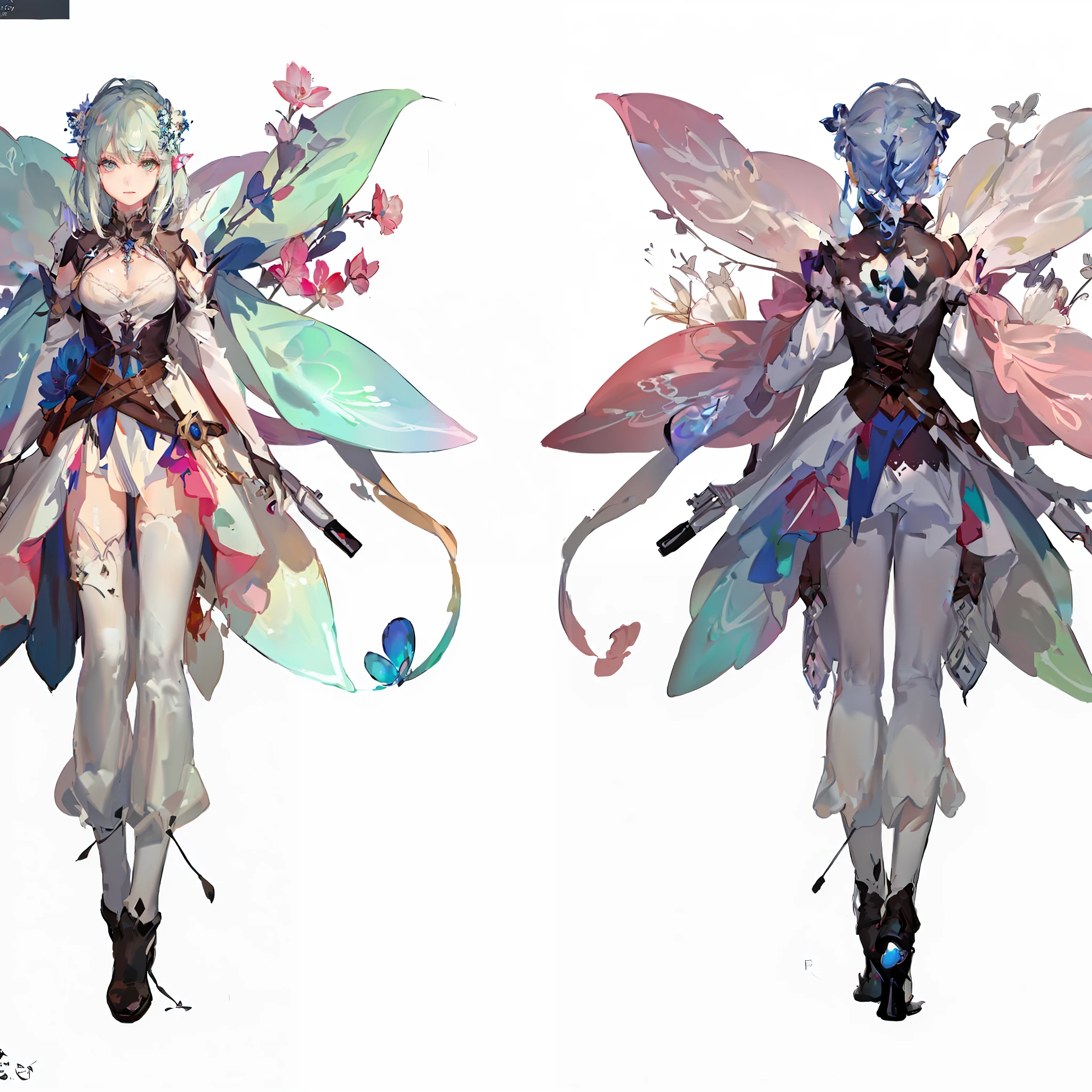 There is a picture of a woman in a fairy tale costume, fairy CGsociety, beautiful full body concept art, Guweiz on Pixiv art station, trends on ArtStation Pixiv, spiritual fantasy concept art, space flower fairy, character design art, official fan art Behance HD, Deviantart ArtStation CGSsiety, full body CGsociety, elf character, front, back, stylish, beautiful, sexy, beautiful, best quality, masterpiece, super high resolution, (realism: 1.4), original photo, 1girl, cinematic lighting