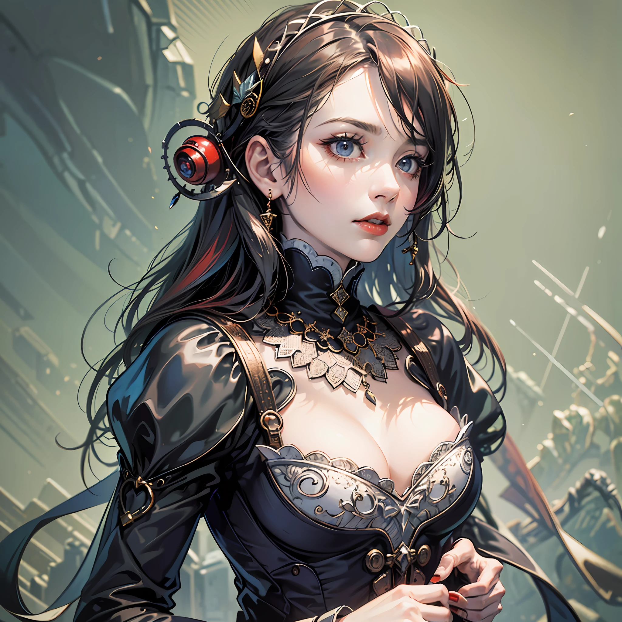 (Pure Color: 0.9), (Color: 1.1), (Masterpiece: 1,2), Best Quality, Masterpiece, High Resolution, Original, Highly Detailed Wallpaper, Beauty, Victorian, Dress, Sad, Red Lips, Small Face, Big Breasts --auto --s2