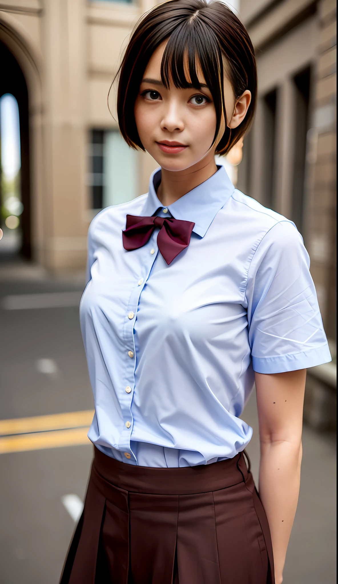 (8k, RAW photo, best quality, masterpiece: 1.2), (realistic, photorealistic photo: 1.37), ultra-detailed,
1 Girl, cute, solo, beautiful detailed sky, detailed highway, evening, half squat, (nose blush), (seductive smile: 1.1), (shut up), room, large apartment, professional lighting, sony A7R4, Zessie 50mm F1.8, blurred background, beautiful detailed eyes, (collared shirt: 1.1), bow tie, pleated skirt, (short hair: 1.2), floating hair blend