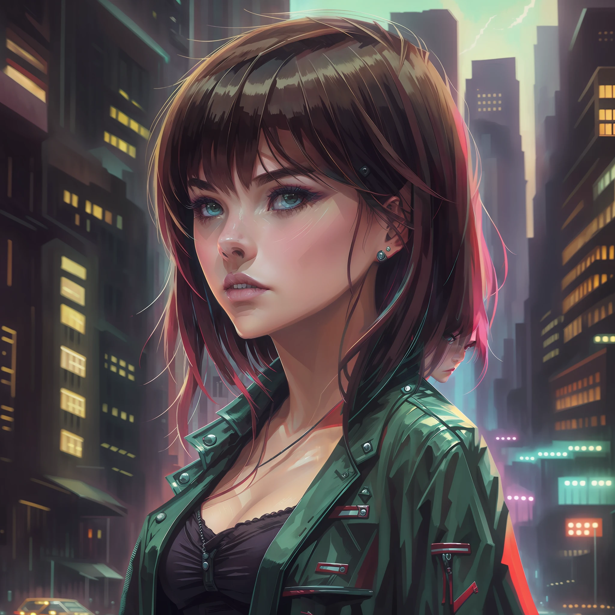 Girl, vampire, short brown hair with bangs, semi realism, dark city background --auto --s2