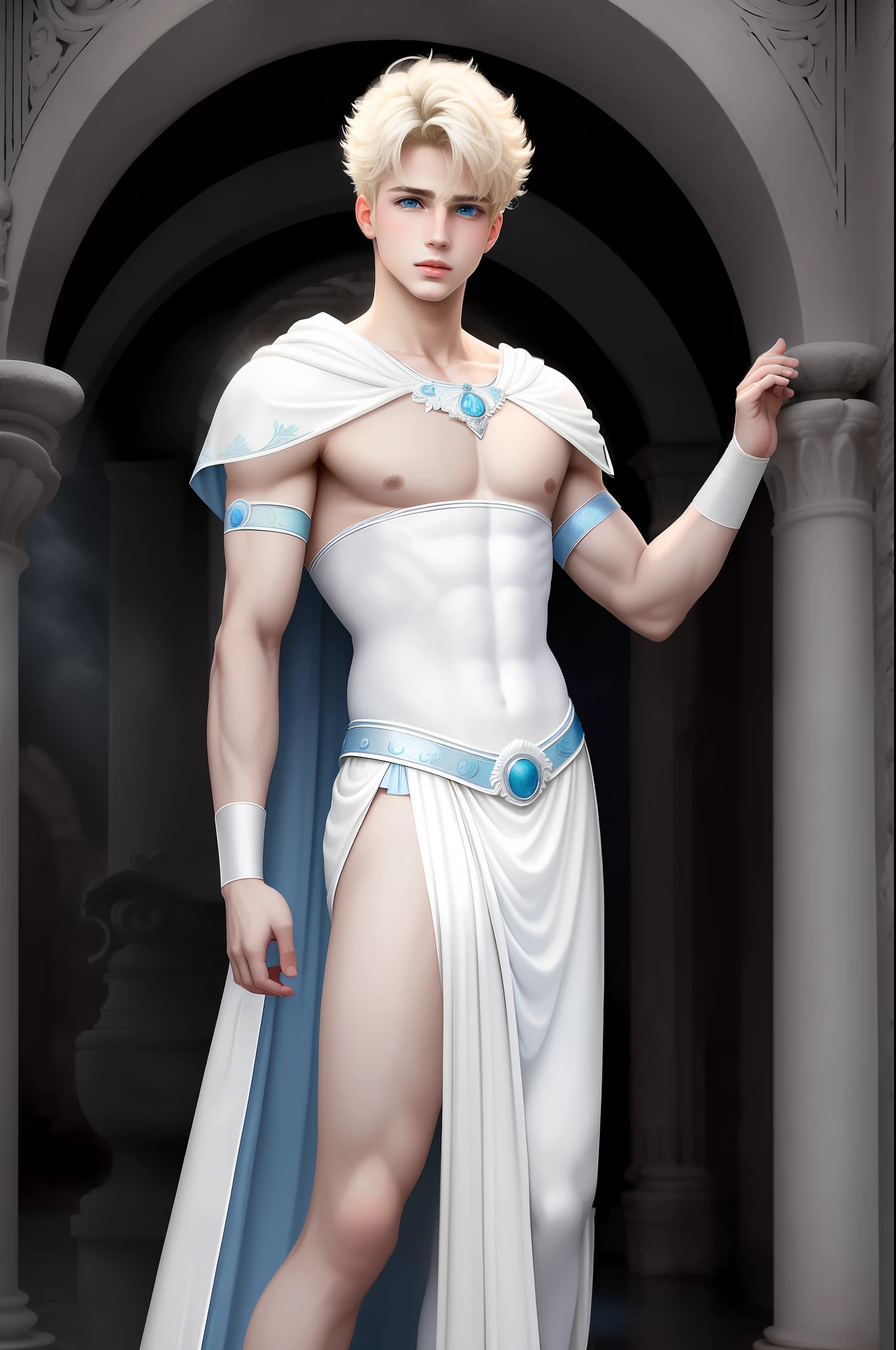 masterpiece, best quality, effeminate roman boy blond cutest in the world, feminine, delicate, blue eyes, around  to 20 years, super cute, dynamic pose, model, cool and seductive, dramatic lighting, sexy, white costume of ancient rome, submissive