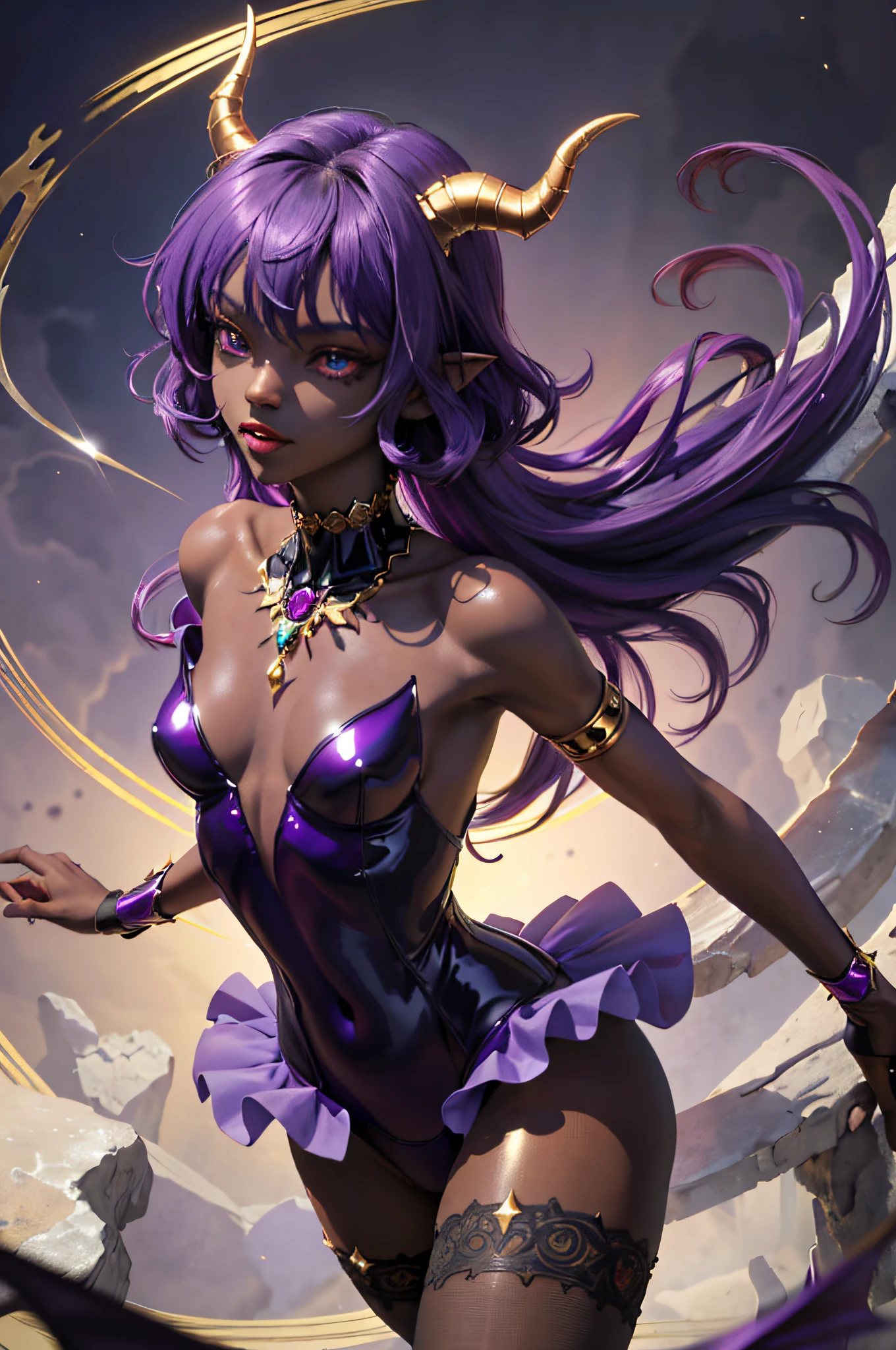 (masterpiece: 1.2, best quality), (1 , solo), small breasts, (Dynamic posture), (shiny skin, dark purple skin), demon girl, purple skin thin and lacy gloves, ( small demonic horns:1.1), (Lilith \(Darkstalkers\)), (heaven), fringe, (jewelry, golden ornament:1.15 ), large pelvis, blue (pantyhose:1.1)