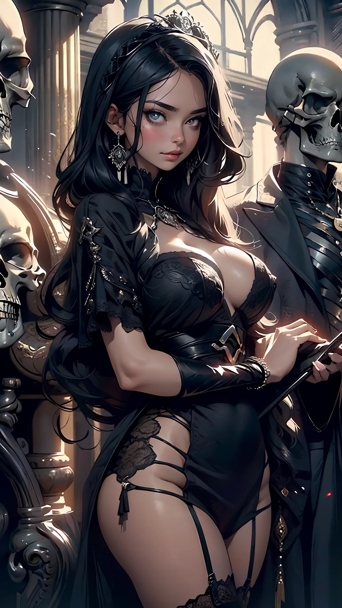 (((BLACK HAIR, [PERFECT REALISTIC EYES])))), ultra realistic 8k CG, perfect face, flawless, clean, masterpiece, professional artwork, famous art, cinematic lighting, cinematic flower, perfect face, beautiful face, beautiful eyes, (((perfect female body, narrow waist))), GOTHIC, real, SINISTER, BLACK HOOD, WIDE SMILE, (DARK SETTING), fantasy, MACABRO, unreal, science fiction, (huge breasts), BLACK clothes, lace, lace trim,  lacy legwear, nsfw, breasts out, absurdly long hair, very long hair, (rich: 1.4), SKULLS AROUND, SCYTHE IN HANDS, intricate detail, delicate pattern, sexy, charming, seductive, seductive, erotic, charming, hair ornament, necklace, earrings, bracelet, armband, looking at the viewer, HOLDING A SCYTHE