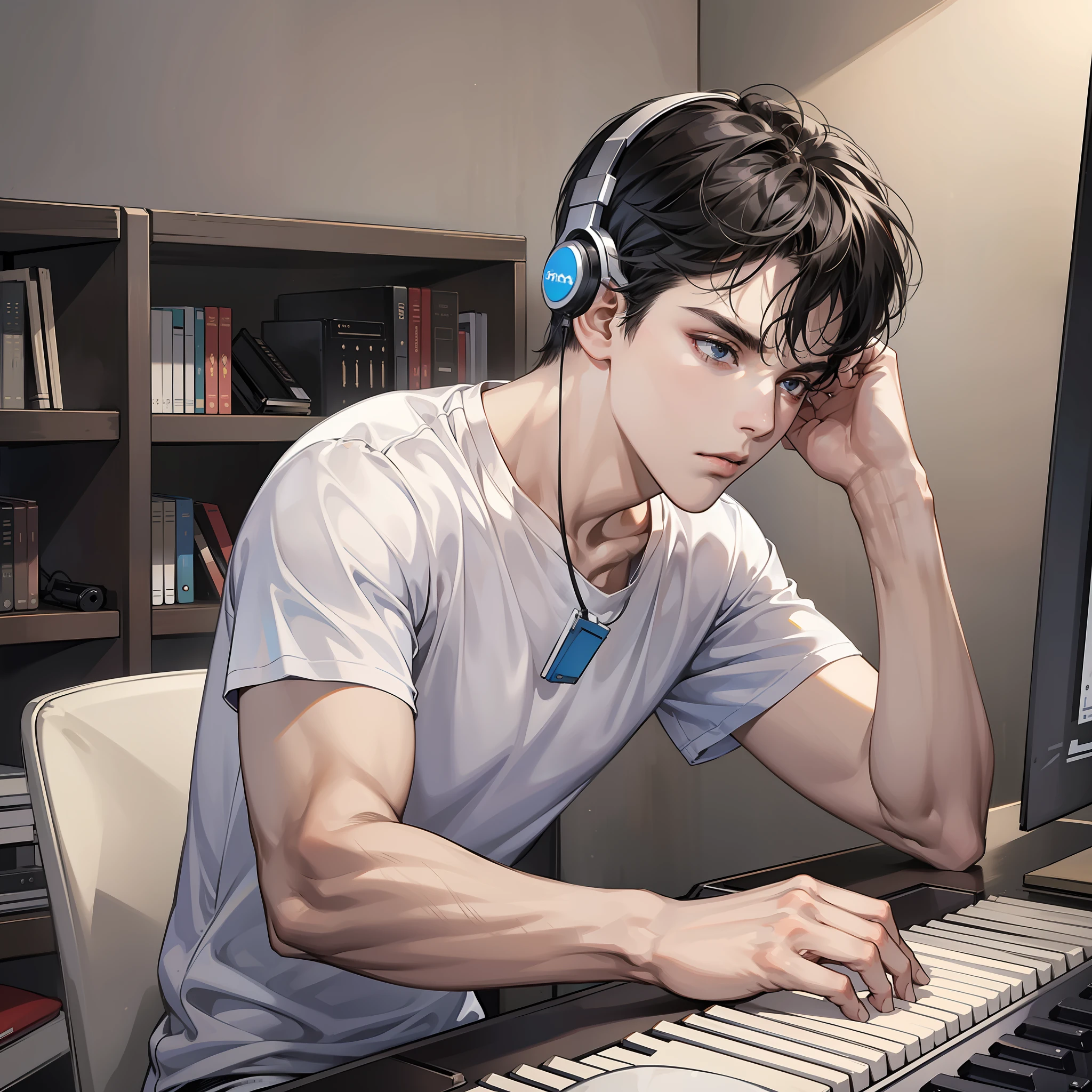 Masterpiece, high quality, best quality, HD, realistic, perfect lighting, detailed face, detailed body, 1 man, short black hair, white t-shirt, (serious expression: 1.5) (calm face: 1.5), wearing headphones, playing piano, computer, far view, in the room