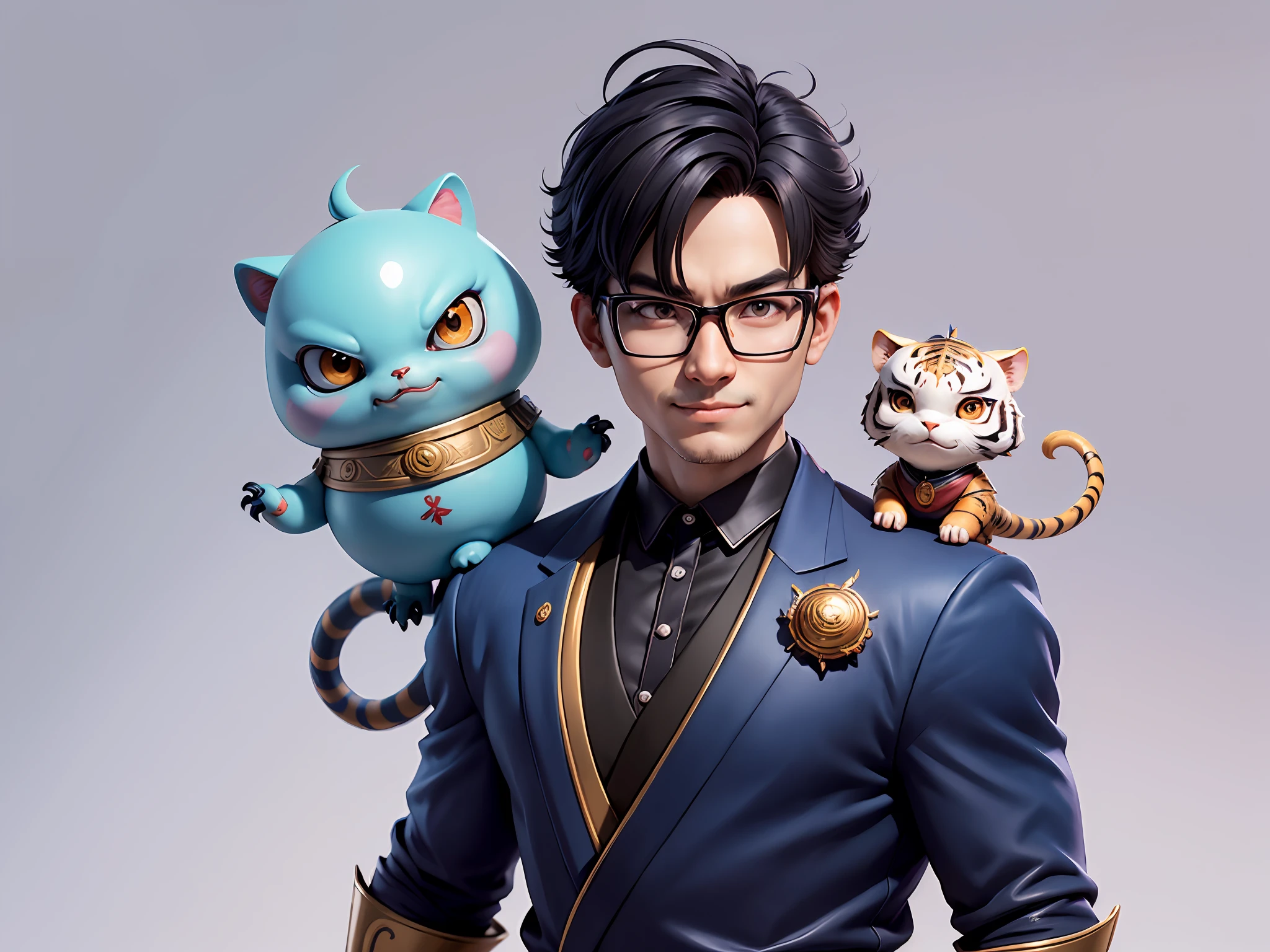 (Masterpiece), (Excellent), (Super Meticulous), (Full Body: 1.2), Super Young Man with Japanese Female Geisha, Pretty, Beautiful, Chinese Dragon, Tiger, Wind God Thor, Sexy, Bursting, Oriental Face, TV Anchor, Bust Portrait Illustration, Black Suit, Blue Tie, Slightly Chubby Face, Silver Glasses, Very Clean Face, No Beard on Chin, Black Super Short Hair, Black Eyes, Confident Smile, 3c Computer Sub-Products, iPad, iPhone, Digital Painting, 3D character design by Mark Clairedon and Pixar and Hayao Miyazaki and Akira Toriyama, the illustrations are HD illustrations in 4K resolution with highly detailed facial features and cartoon-style visuals.