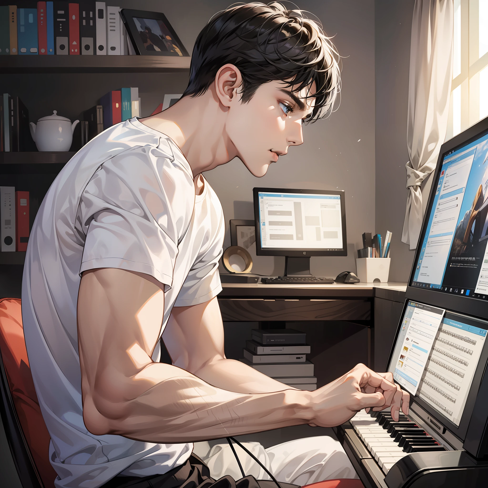 Masterpiece, high quality, best quality, HD, realistic, perfect lighting, detailed body, 1 man, short black hair, white t-shirt, wearing headphones, playing piano, computer, back to back, far view, in the room