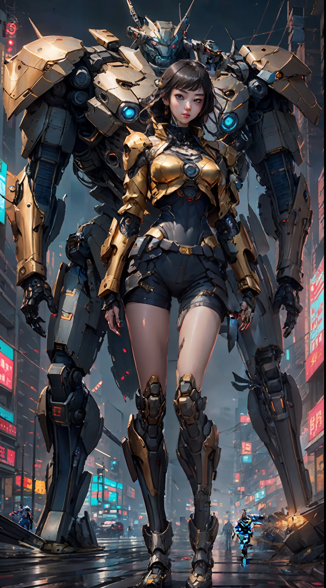 Boutique,best quality,Gold jewelry,(slip out feet),Fairy skin,(Fidelity :1.2),Standing,Super Detailed,realistic,High quality,Movie Light,Ray tracking,Ultra HD,Upper body
Girl in military uniform and military bomber jacket standing next to giant robot, guweiz-style artwork, cyberpunk mech, trend on cgstation, guweiz, Russell Dongjun Lu, digital cyberpunk anime art, ross tran 8 k, guweiz on artstation pixiv, girl in mecha network armor,