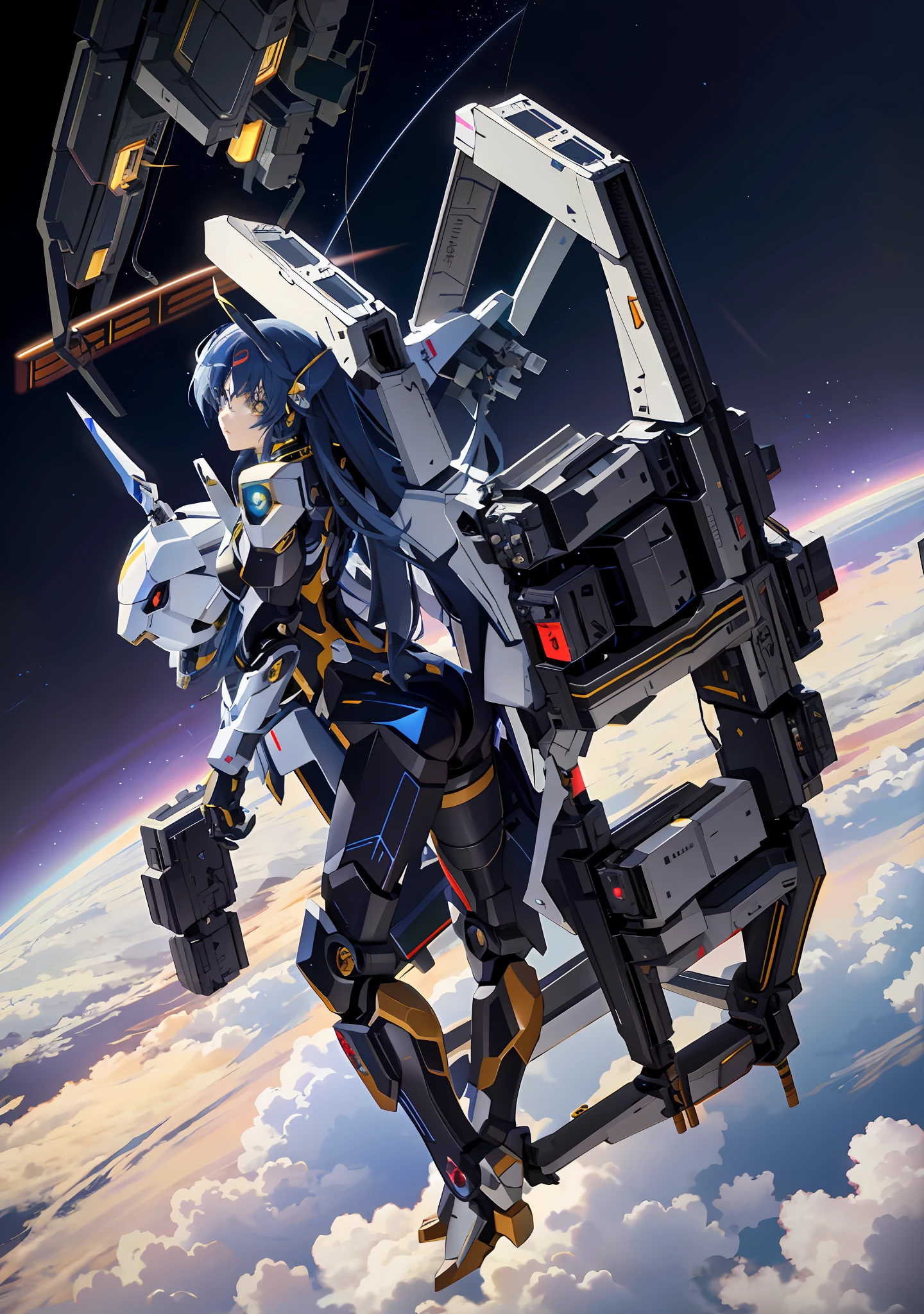 Spaceship flying over the earth with a cyberpunk anime girl mecha, mechanized Valkyrie girl, anime mecha aesthetics, robot goddess in the universe, perfect anime cyborg woman, portrait anime space cadet girl, mecha aesthetics, digital cyberpunk anime art, mecha cyber armor girl in armor, anime cyberpunk art