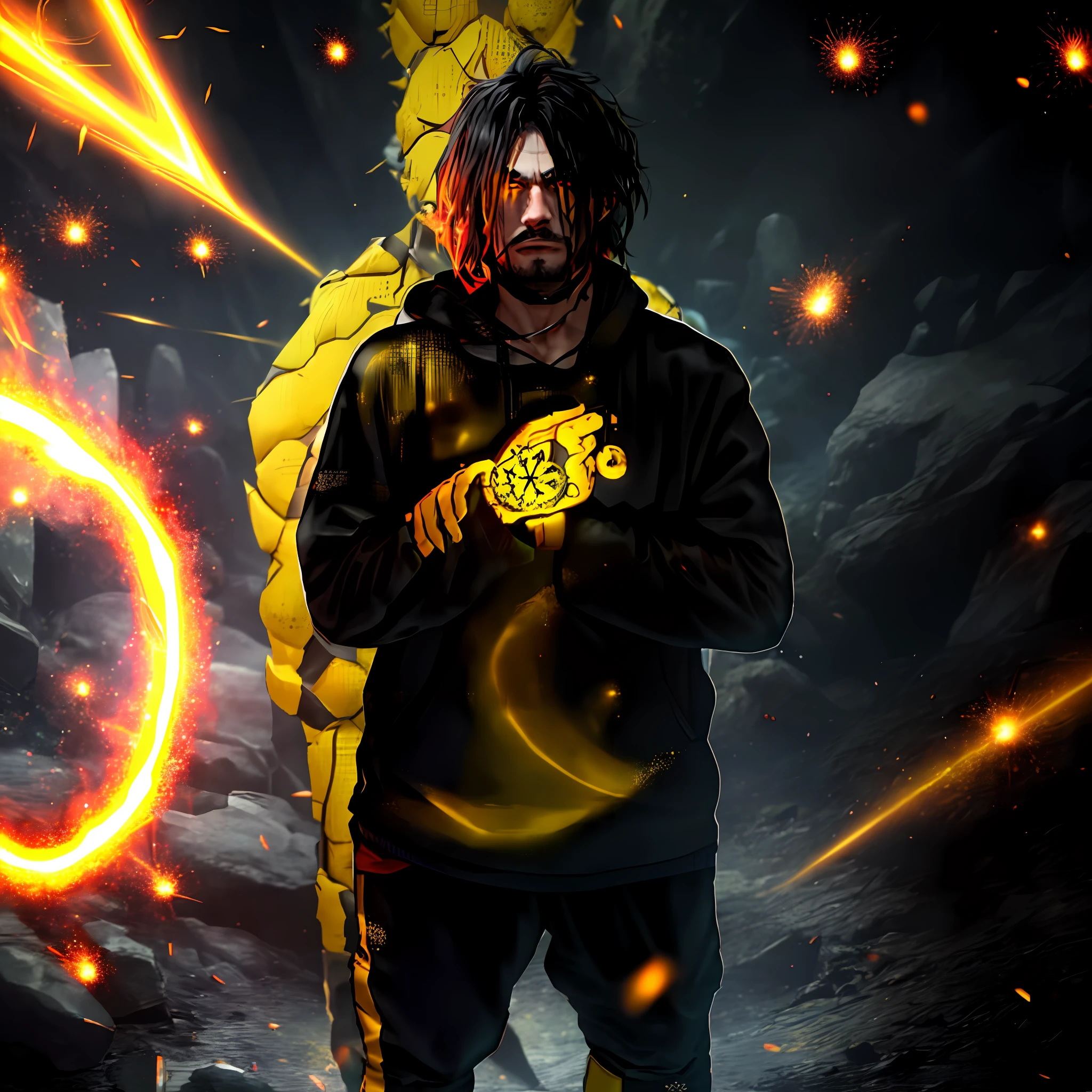 there is a man standing, sasuke, dragon ball character, masterpiece, best quality, 1boy, super saiyan, ssj, training, angry face, looking to viewer, standing, black hair, black upper, mechanical arms, black pants, body suit, science fiction, black belt, black bangles, dark black boots, , (aura power:1.4), boots, night, natural light,standing, red rays, white rays, angry eyes, red eyes, smiling, black hair, male focus, strong muscles, movie composition, deth of field, bokeh, (yellow particles:1.4), floating particles, mangekyou sharigan