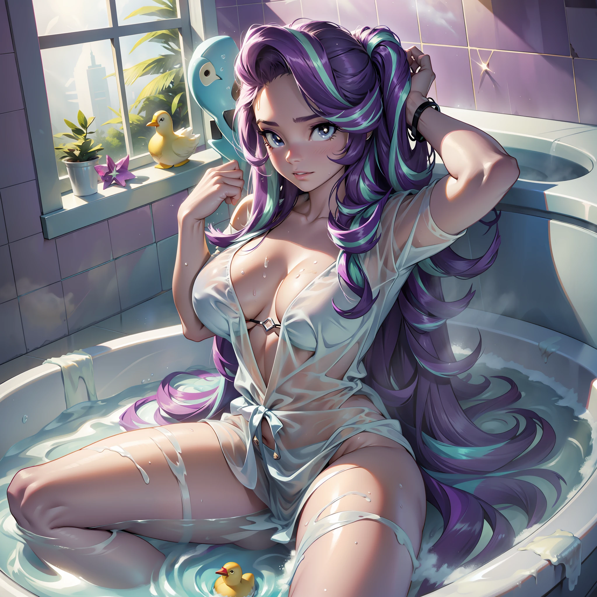 Starlight Glimmer, Starlight Glimmer from My Little Pony, Starlight Glimmer as Girl, Long Hair, Luxurious Hair, Lush Hair, Lying in the Bathroom, Big Breasts, Bulky Breasts, Curvy Breasts, Naked, Legs Spread, Lots of White Foam, Bathroom, Rubber Duck, Washcloth, Soap, Wet Hair, Waist-deep in Water, White Foam Everywhere, Steam, Bathing