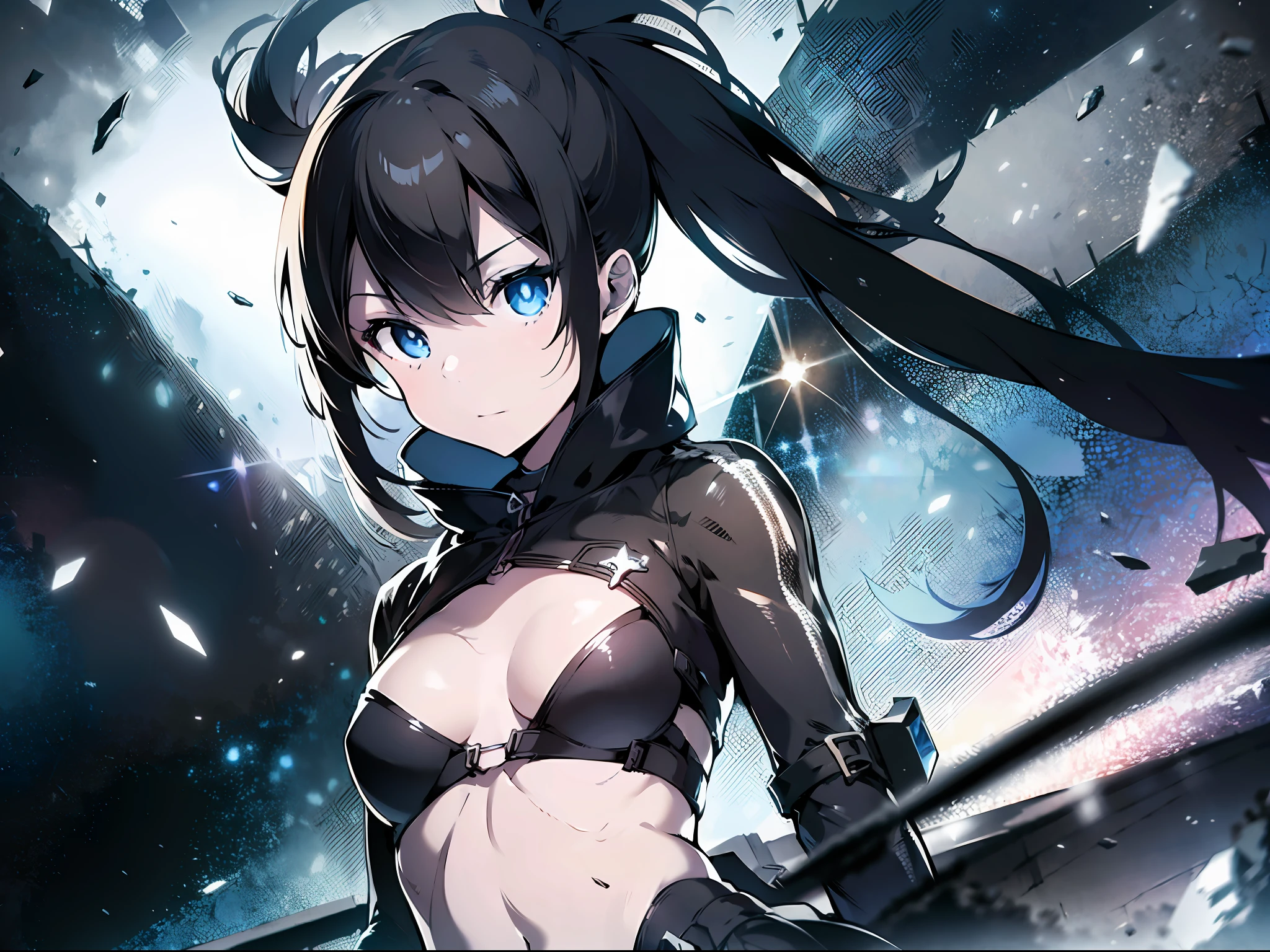 "(Masterpiece), shadow, dynamic angle, dynamic pose, (1girl:1.2), (solo), (detailed eyes), slim, small breasts, pale skin, black rock shooter, (background blur)."