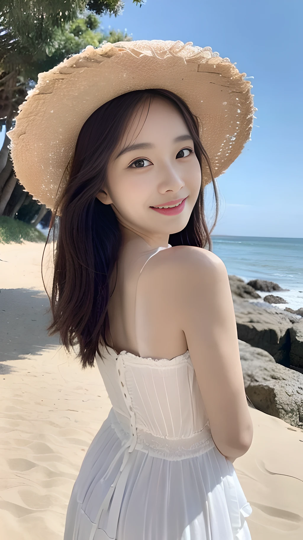 ((Best Quality, 8K, Masterpiece: 1.3)), (Sunscreen Straw Hat: 1.3), Focus: 1.2, Perfect Body Beauty: 1.4, Buttocks: 1.2, (Layered Haircut: 1.2)), (Dark Street: 1.3), Highly detailed face and skin texture, Full body, Fine eyes, Double eyelids, Whitened skin, Long hair, (Round face: 1.5), (Dress: 1.6). Smile by the sea