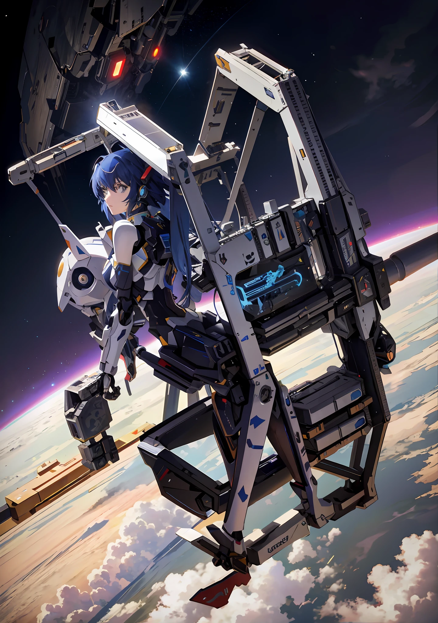 Spaceship flying over the earth with woman on the platform, anime mecha aesthetics, cyberpunk anime girl mecha, mecha aesthetics, full robot in space!! girl