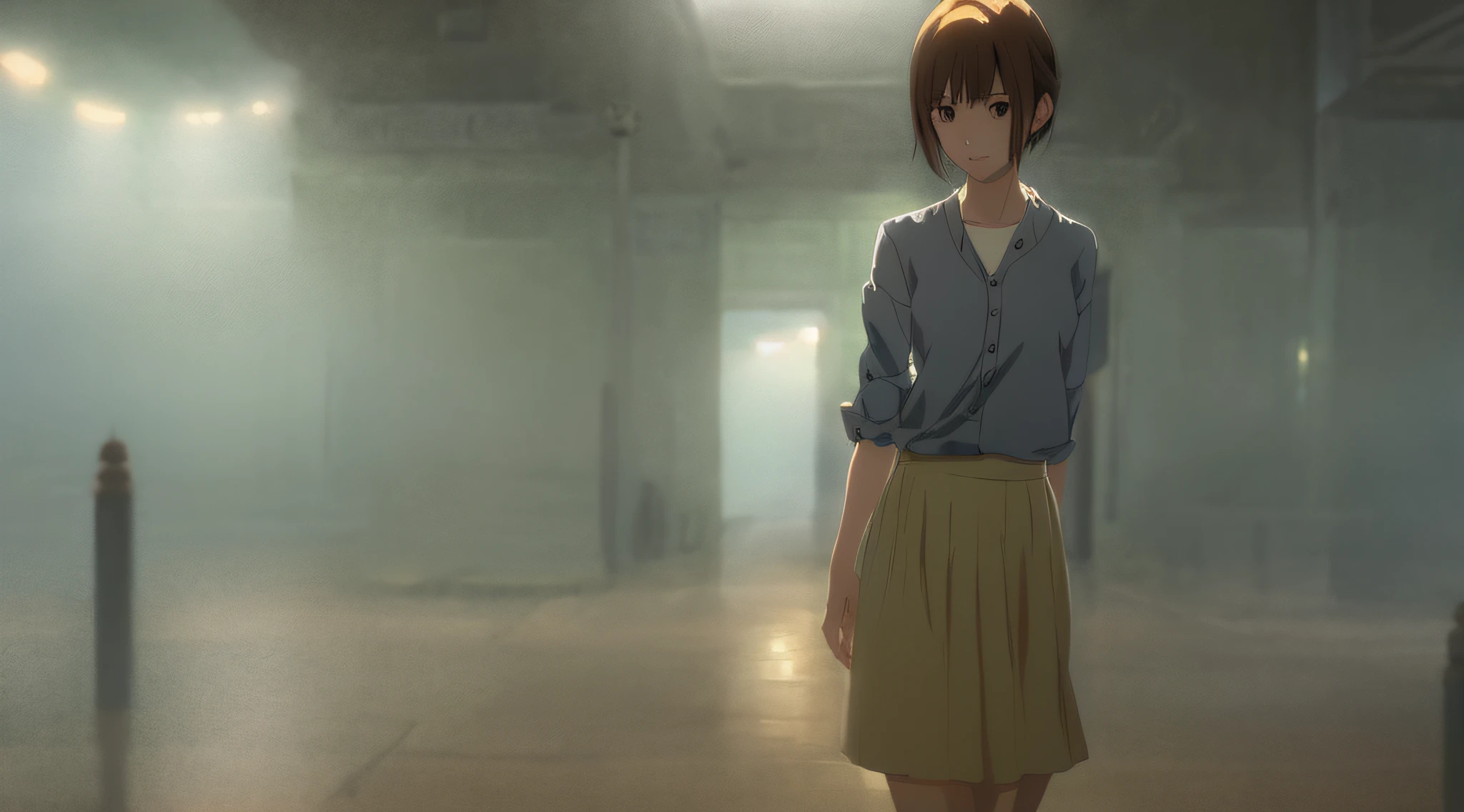 Detailed and perfect anime style illustration, brown short hair, very cute young woman, female focus, solo, grey shirt, wearing gray long skirt. Daydream, dramatic and fantastic foggy mysterious background, background blurred, dramatic lighting Makoto Shinkai
