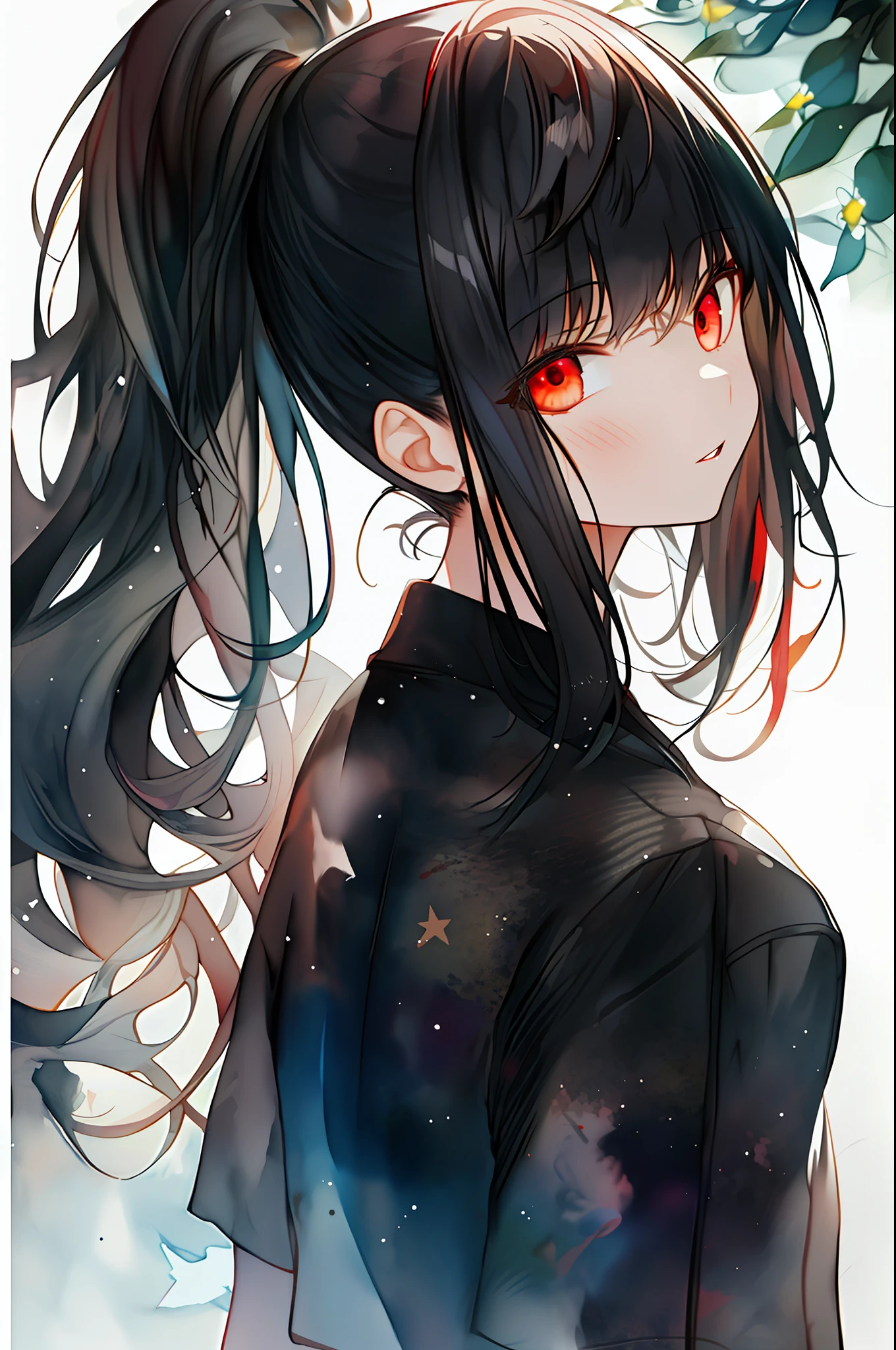 {watercolor}, (masterpiece, best quality, highly detailed, 8k),1girl, solo, black hair, red eyes, ponytail, mature