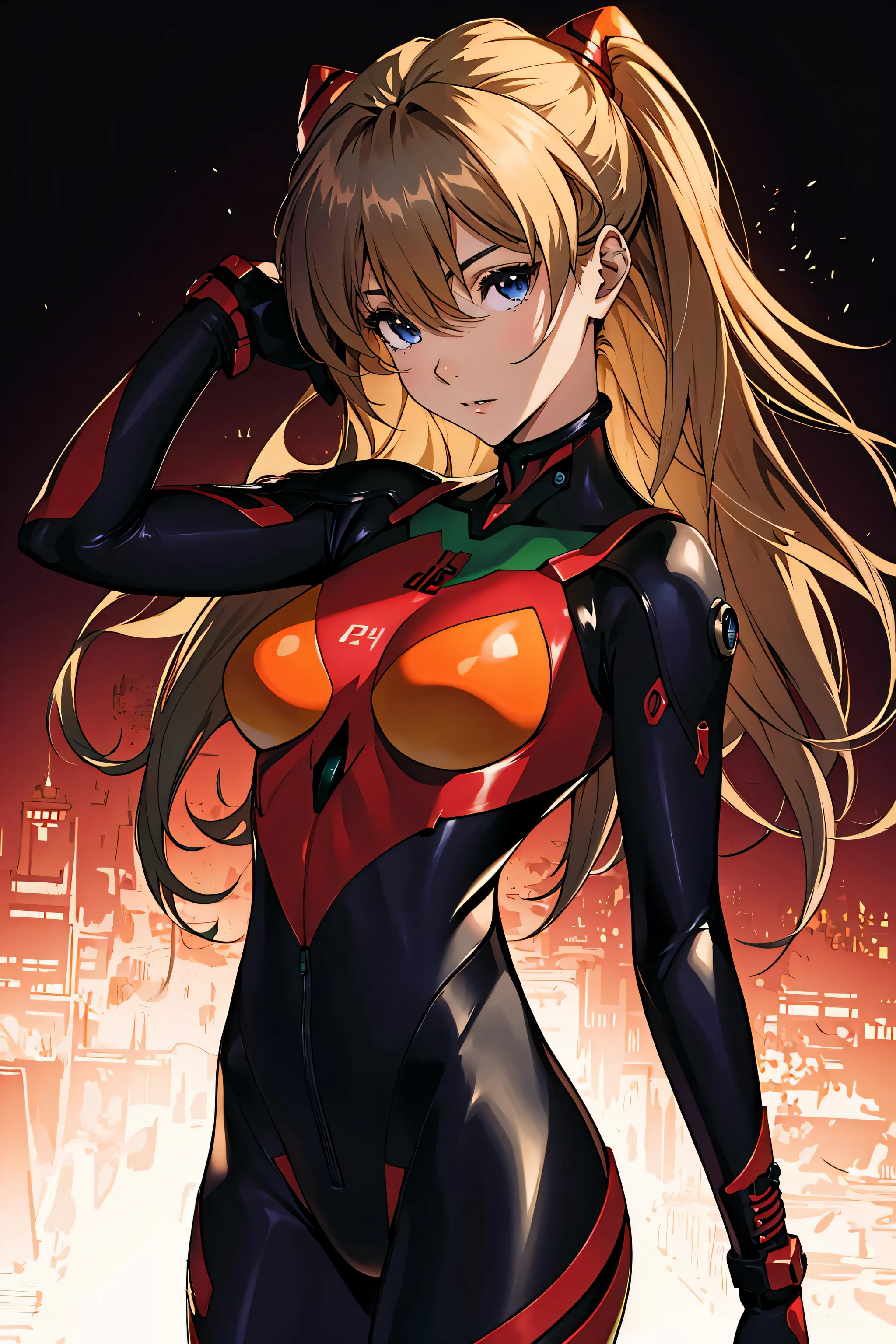 official art, unity 8k wallpaper, ultra detailed, beautiful and aesthetic, masterpiece, best quality, realistic, close-up, skindentation, souryuu asuka langley, interface headset, bodysuit under clothes, detailed eyes, detailed face, detailed hair, black background, straight-on, looking at viewer, glossy,