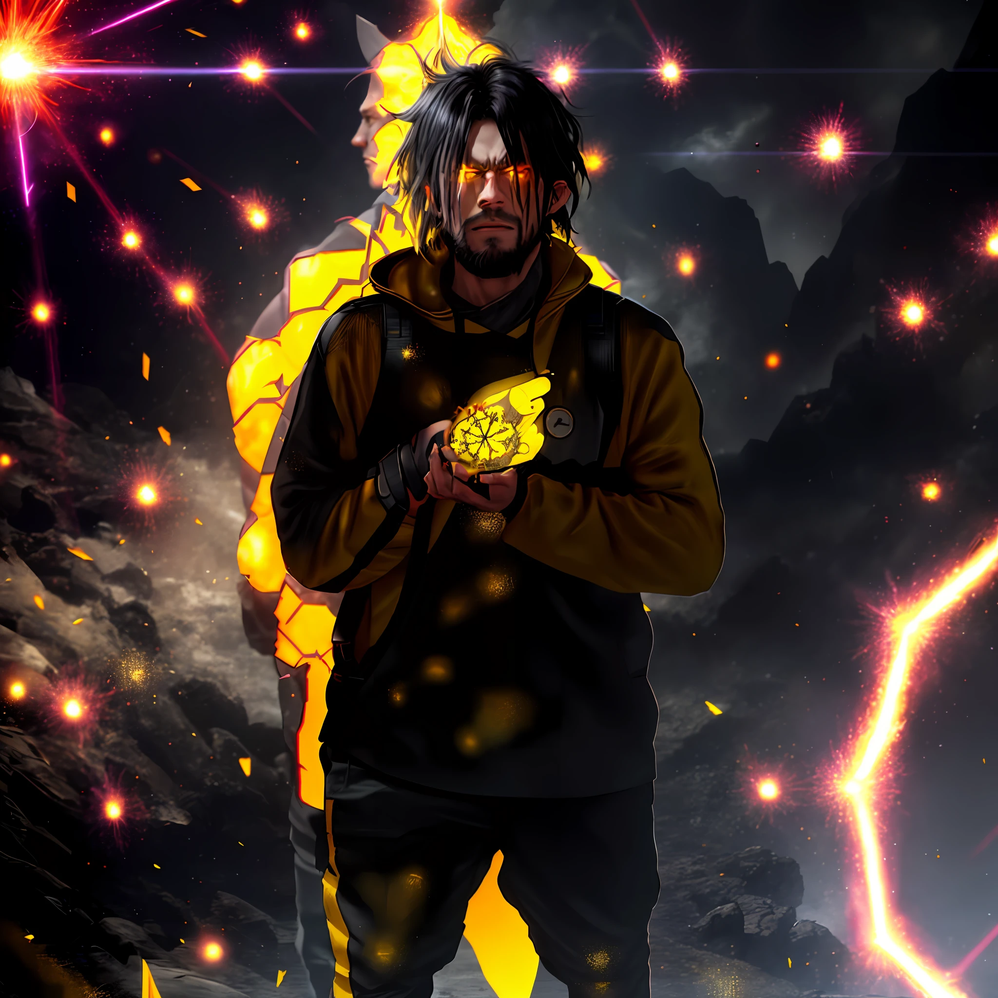 there is a man standing, sasuke, dragon ball character, masterpiece, best quality, 1boy, super saiyan, ssj, training, angry face, looking to viewer, standing, black hair, black upper, mechanical arms, black pants, body suit, science fiction, black belt, black bangles, dark black boots, , (aura power:1.4), boots, night, natural light,standing, red rays, white rays, angry eyes, red eyes, smiling, black hair, male focus, strong muscles, movie composition, deth of field, bokeh, (yellow particles:1.4), floating particles, mangekyou sharigan