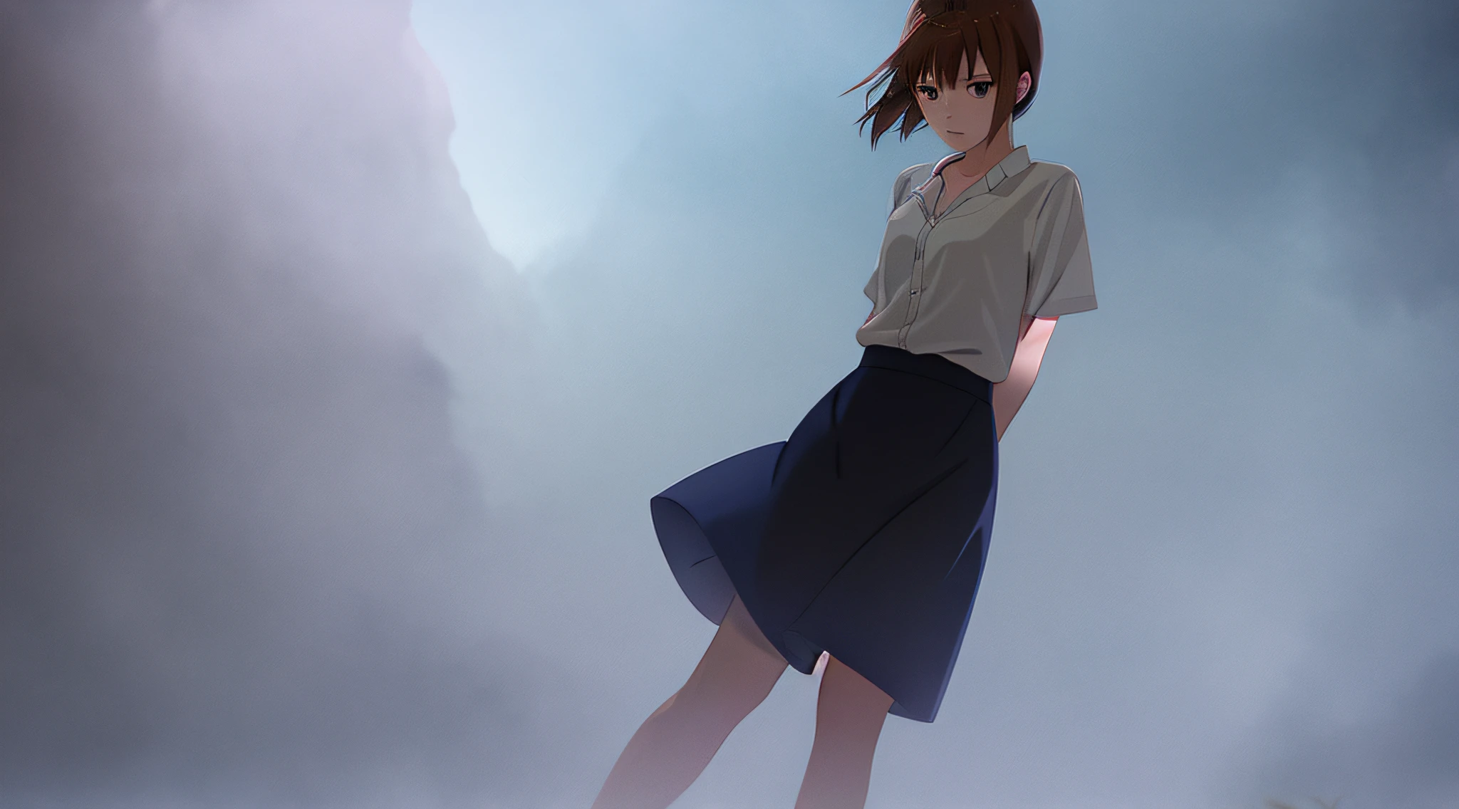 Detailed and perfect anime style illustration, brown short hair, very cute young woman, female focus, solo, grey shirt, wearing gray long skirt. Daydream, dramatic and fantastic foggy mysterious background, background blurred, dramatic lighting Makoto Shinkai