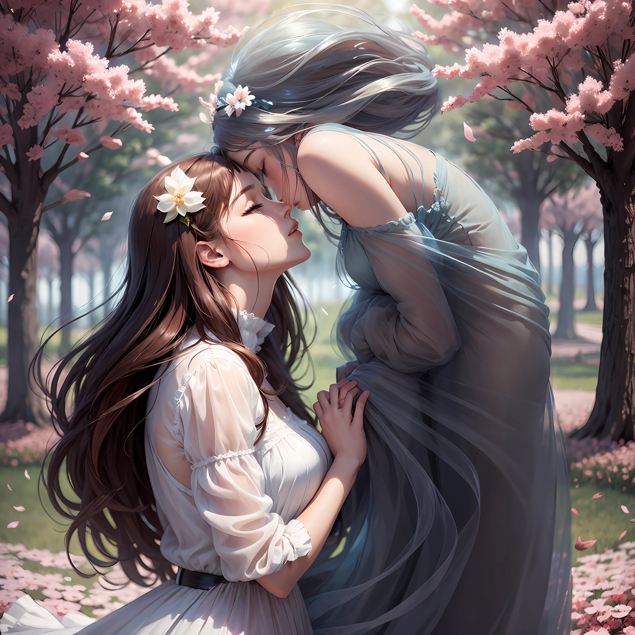 (romantic atmosphere,masterpiece, best quality, delicate and flowing),floating woman,(transparent flowing light blue dress:1.2),long flowy and elegant light brown hair,eyes closed, leaning in for a kiss.