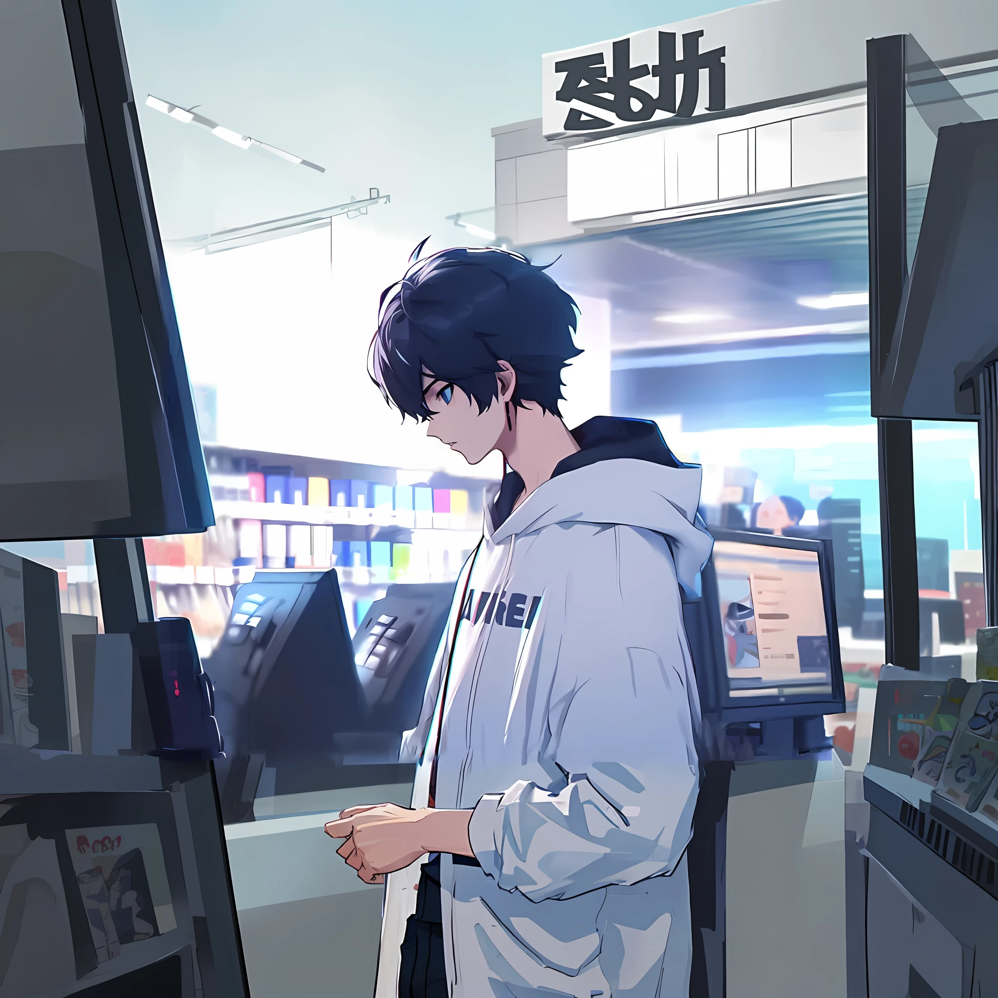 Anime boy (standing) checkout at the supermarket, tall anime man with blue eyes, high quality anime art style, young anime man, anime boy, as anime character, handsome anime pose, inspired by Tokei Okumura, 2d anime style, male anime character, trigger anime art style, male anime style, modern anime style