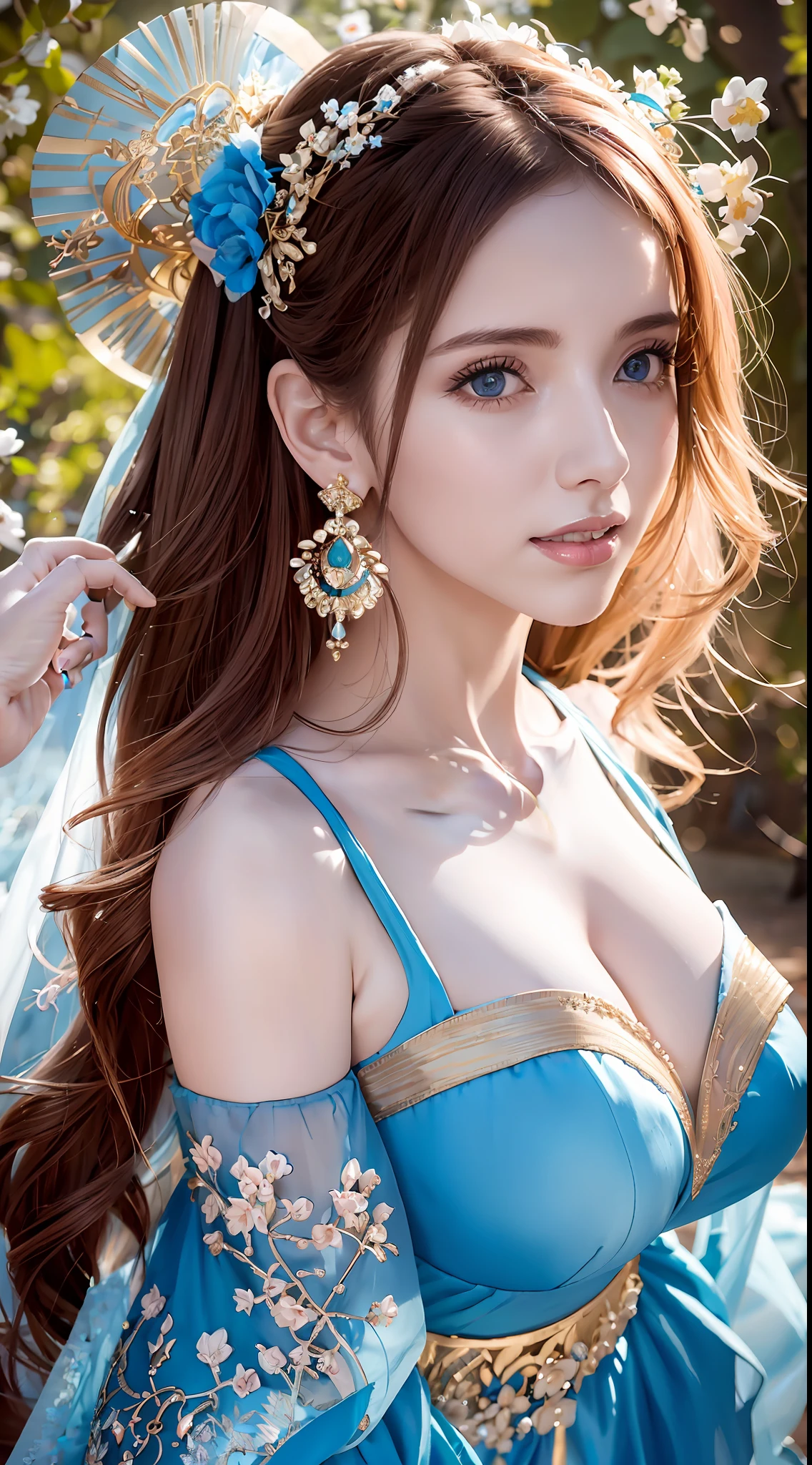 There is a woman in a blue bandeau dress posing for a photo, blossoming woods, vintage light tones, embroidery of petals, gold wire detail embellishment, exquisite craftsmanship of earrings, noble and elegant bun, fresh and natural long hair, popular on CGSTATION, celestial goddess, April rendering, light blue, dreamy medium portrait top light, light blue skin, amouranth, fantasy dress