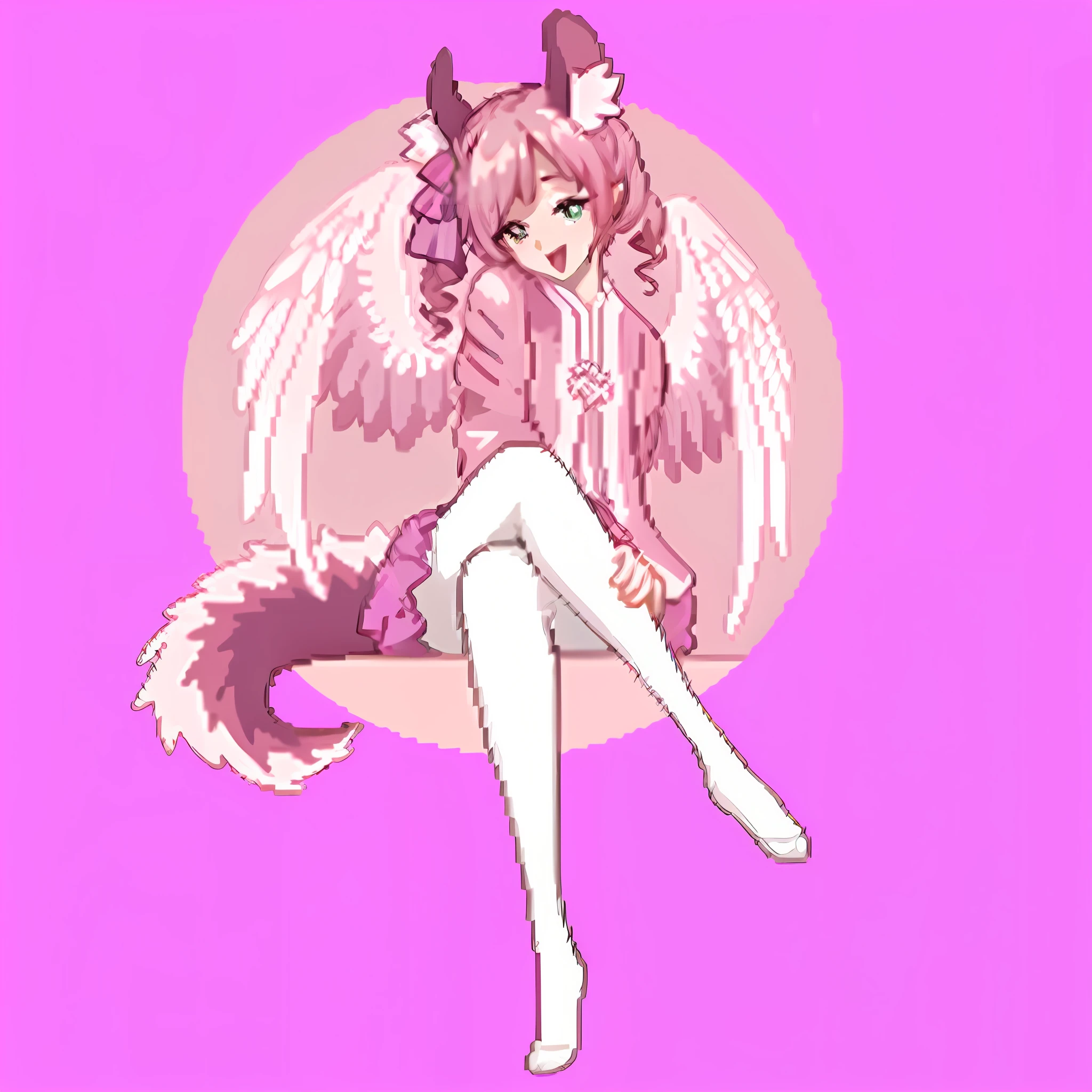 Artistic Lines, Cute Young Anime Girl, Wearing Pink Opaque Nylon Sweater, With Short Silk Puffy Skirt. Sitting With Legs Crossed, (opaque) Glossy Shiny Pantyhose on legs. Playful Relaxed Green Eyes, Happy Open Mouth, tongue out.. Pale Supple Skin. One Hand Caressing Leg. Tongue Out. Curly Twin Tails Hair, Magenta Ribbon On Oneside Of Head. Cat Ears And Tail. Angel Wings. Full-Body View. Playful.