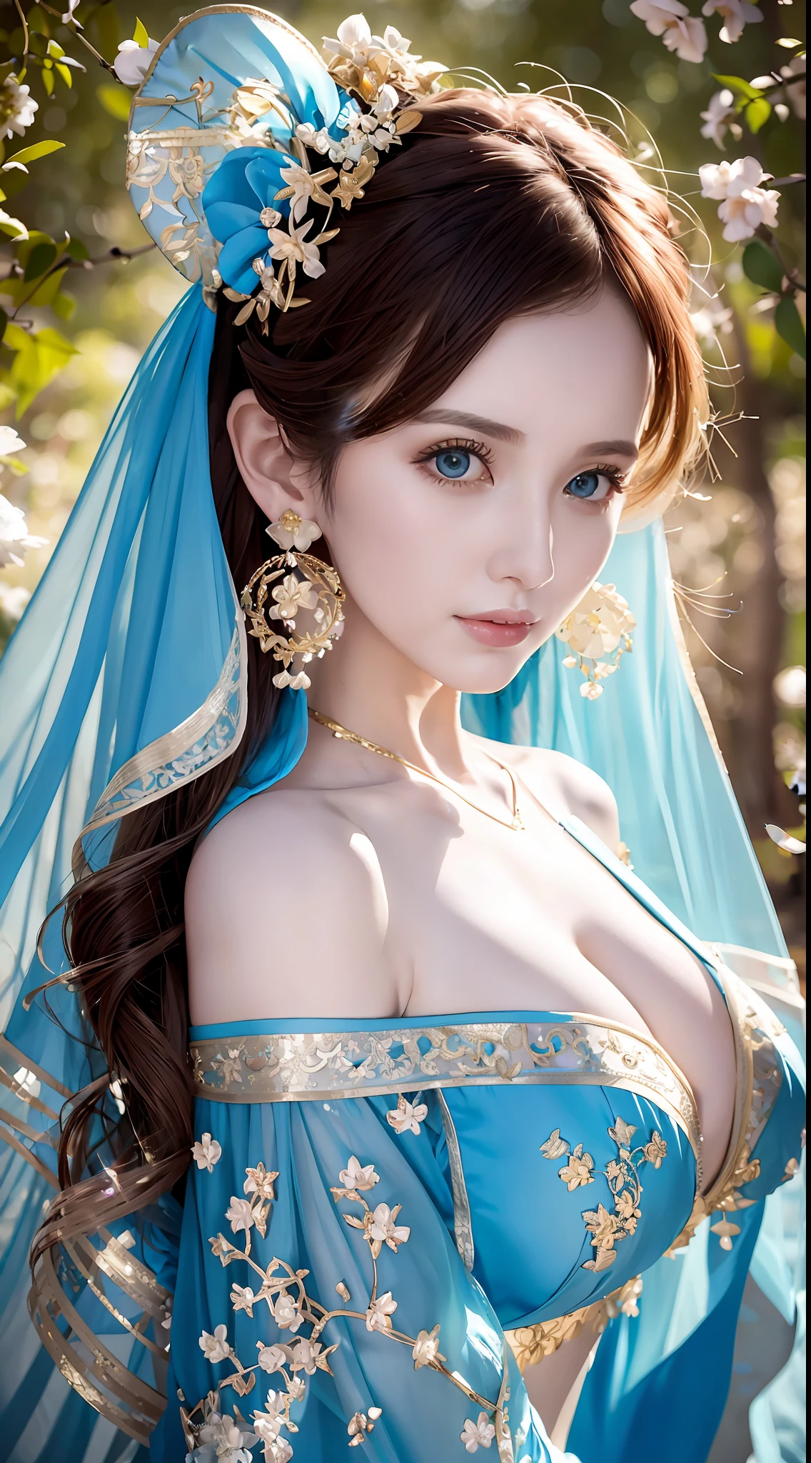 There is a woman in a blue bandeau dress posing for a photo, blossoming woods, vintage light tones, embroidery of petals, gold wire detail embellishment, exquisite craftsmanship of earrings, noble and elegant bun, fresh and natural long hair, popular on CGSTATION, celestial goddess, April rendering, light blue, dreamy medium portrait top light, light blue skin, amouranth, fantasy dress