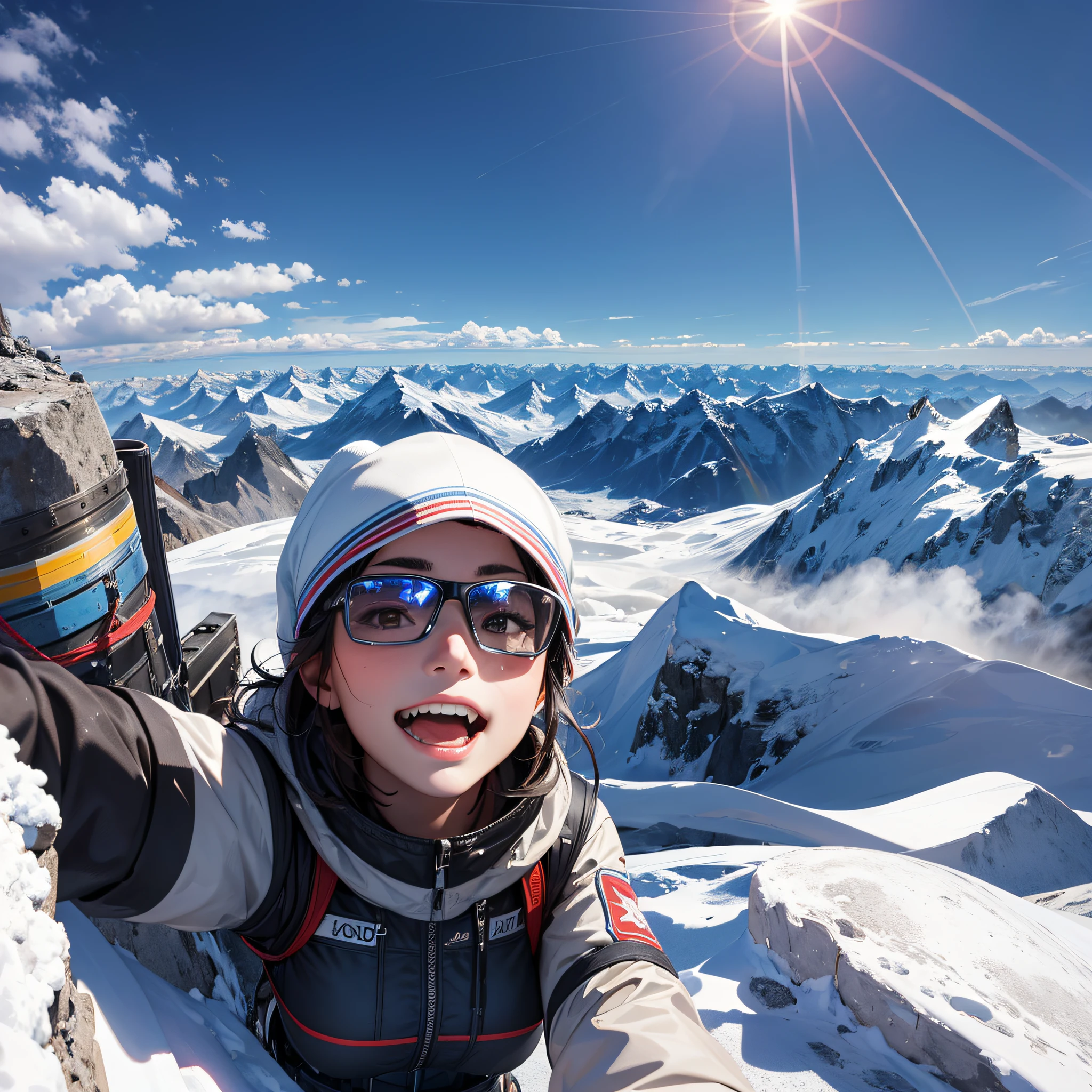 1girl, on top of Mount Everest, selfie, curvature of the earth, magnificent landscape, masterpiece, high quality, detailed image, extremely detailed, 4k --auto --s2