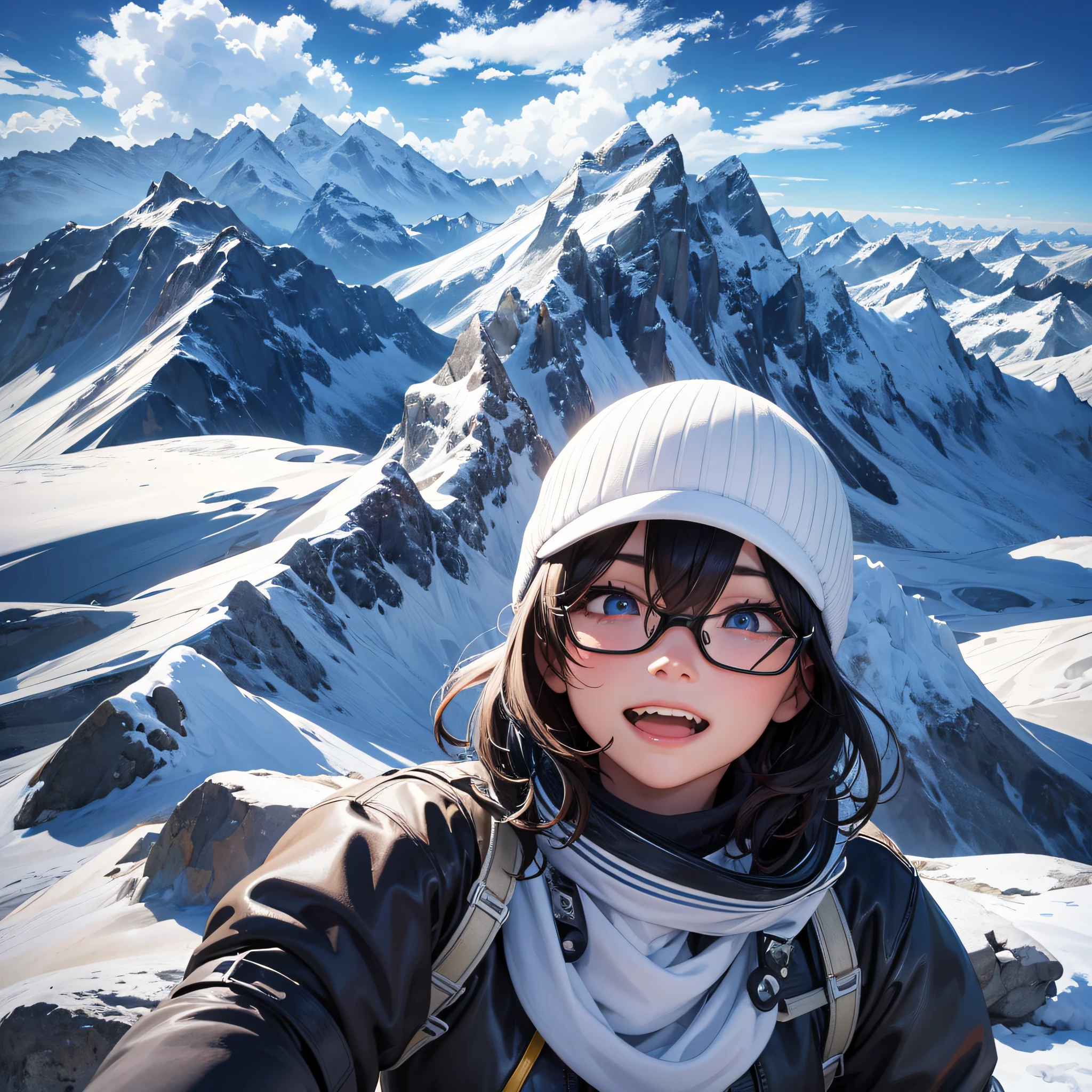 1girl, on top of Mount Everest, selfie, curvature of the earth, magnificent landscape, masterpiece, high quality, detailed image, extremely detailed, 4k --auto --s2