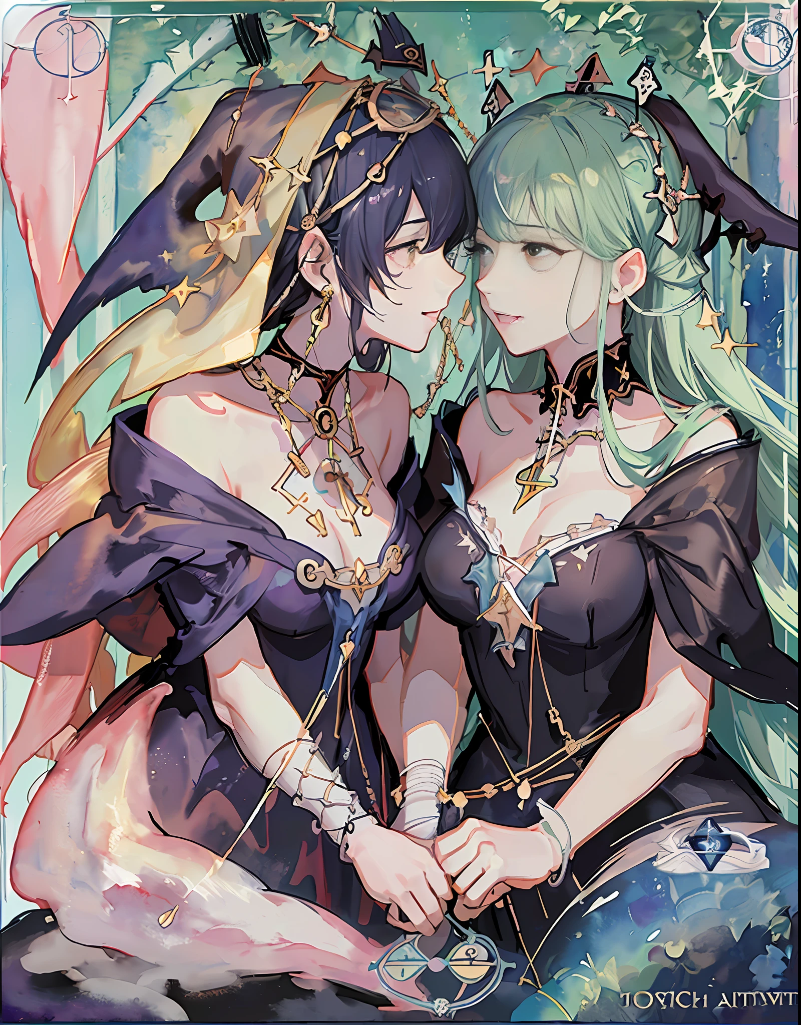 (Golden Ratio: 1.2),(2 Girls: 1.2),(Watercolor:1.3),[(White:1.4)::10],(Deep Kiss: 1.2),(Super Detail:1.3),(Tarot:1.6)、(Bewitching Tarot:1.6),(Beautiful:1.6),Forest, Shame