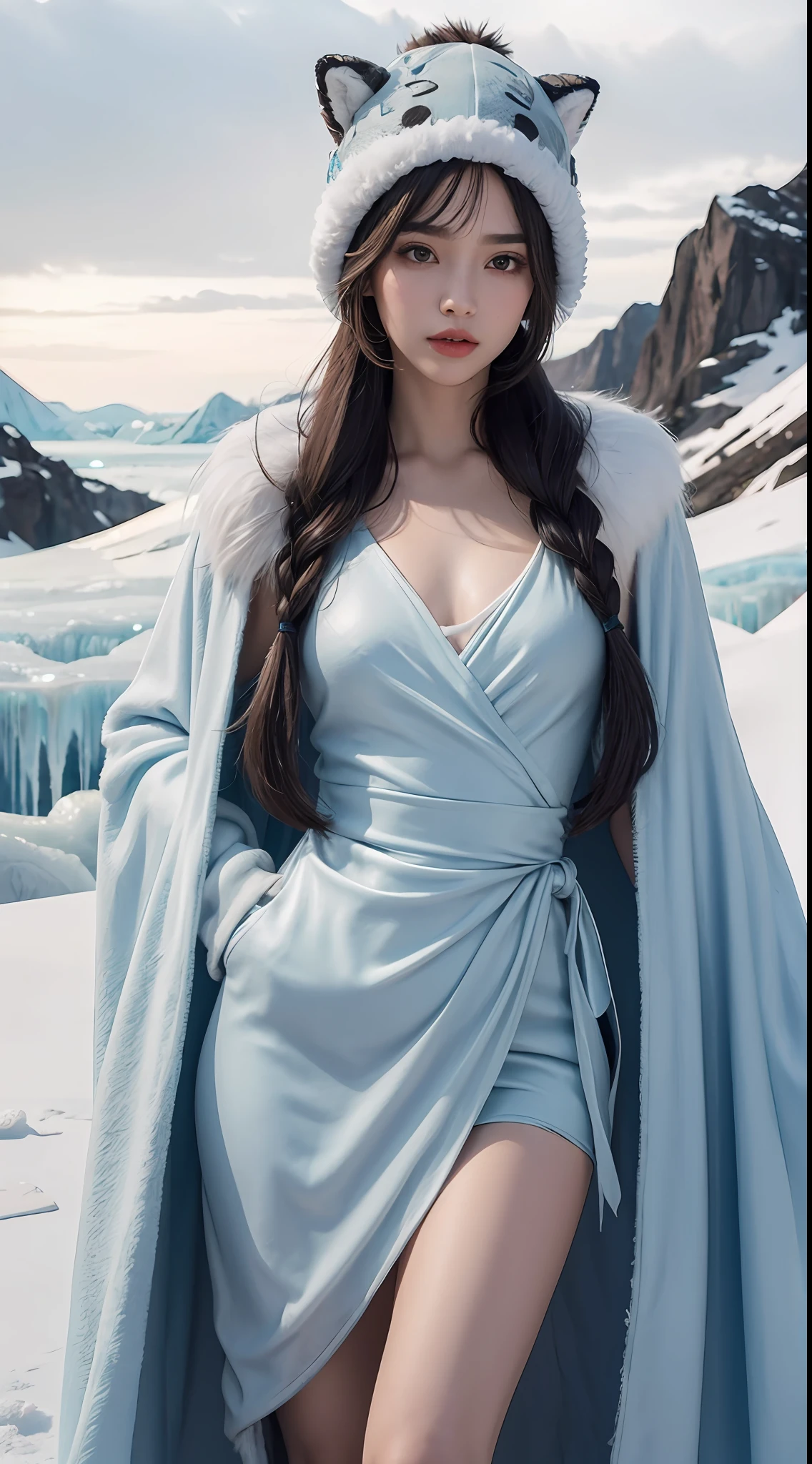 ((top quality, 8k, masterpiece: 1.3)), 1 girl, beauty: 1.2, (random hairstyle), ((ice queen)), (gaze at loved ones), super detailed face, detailed eyes, double eyelids, very long hair, ((wrapped)), correct anatomy, perfect body, standing, long legs, red lips, small breasts, in the glacier, (wrapped in furry robes), (furry hat)