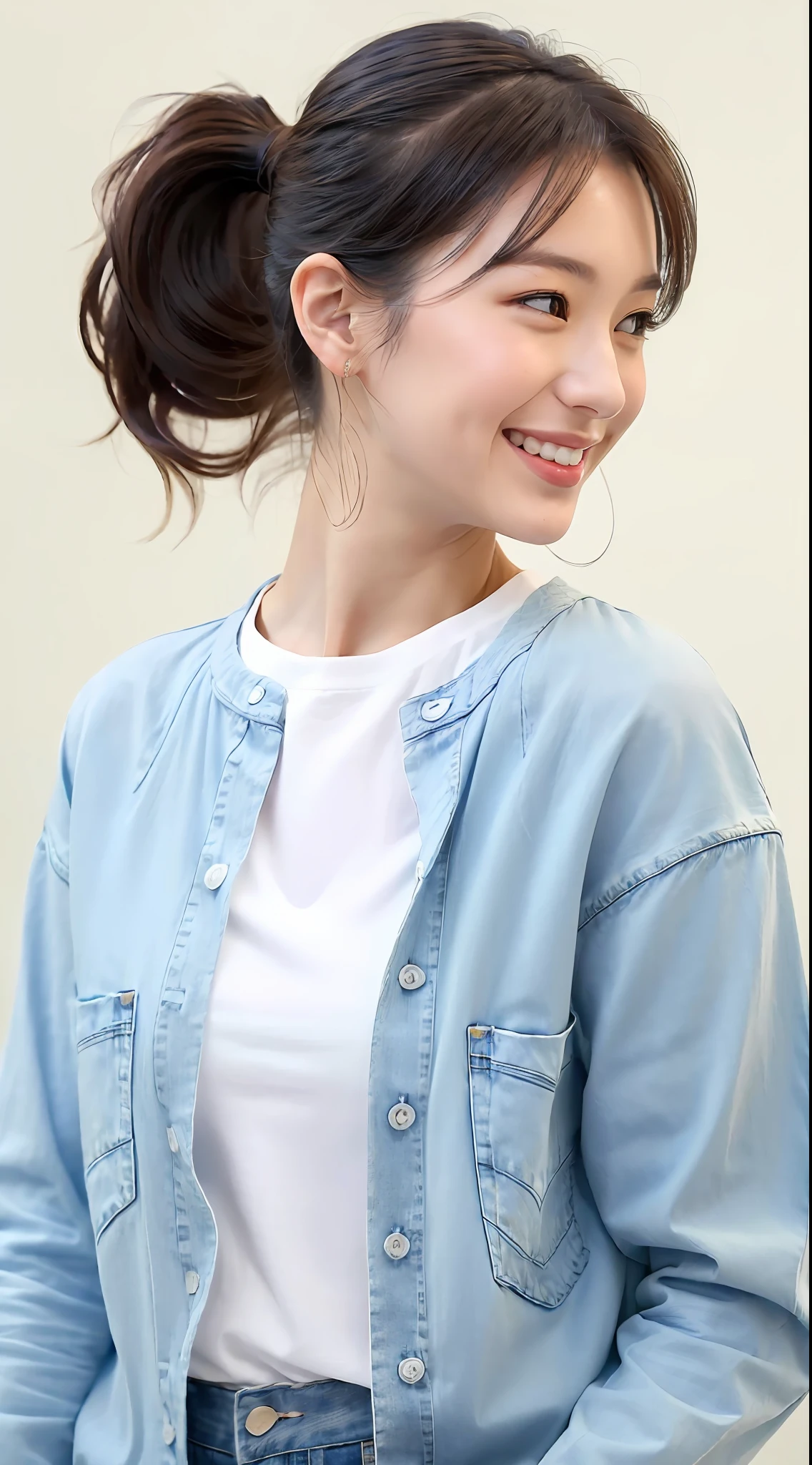 ((Best Quality, Masterpiece), (Fashionable, High Resolution), (Cute Expression, Delicate Facial Features), (Casual Wear, Jeans, Light Blue Shirt, Ponytail), Look to the Camera, Smiling, Tyndall Light