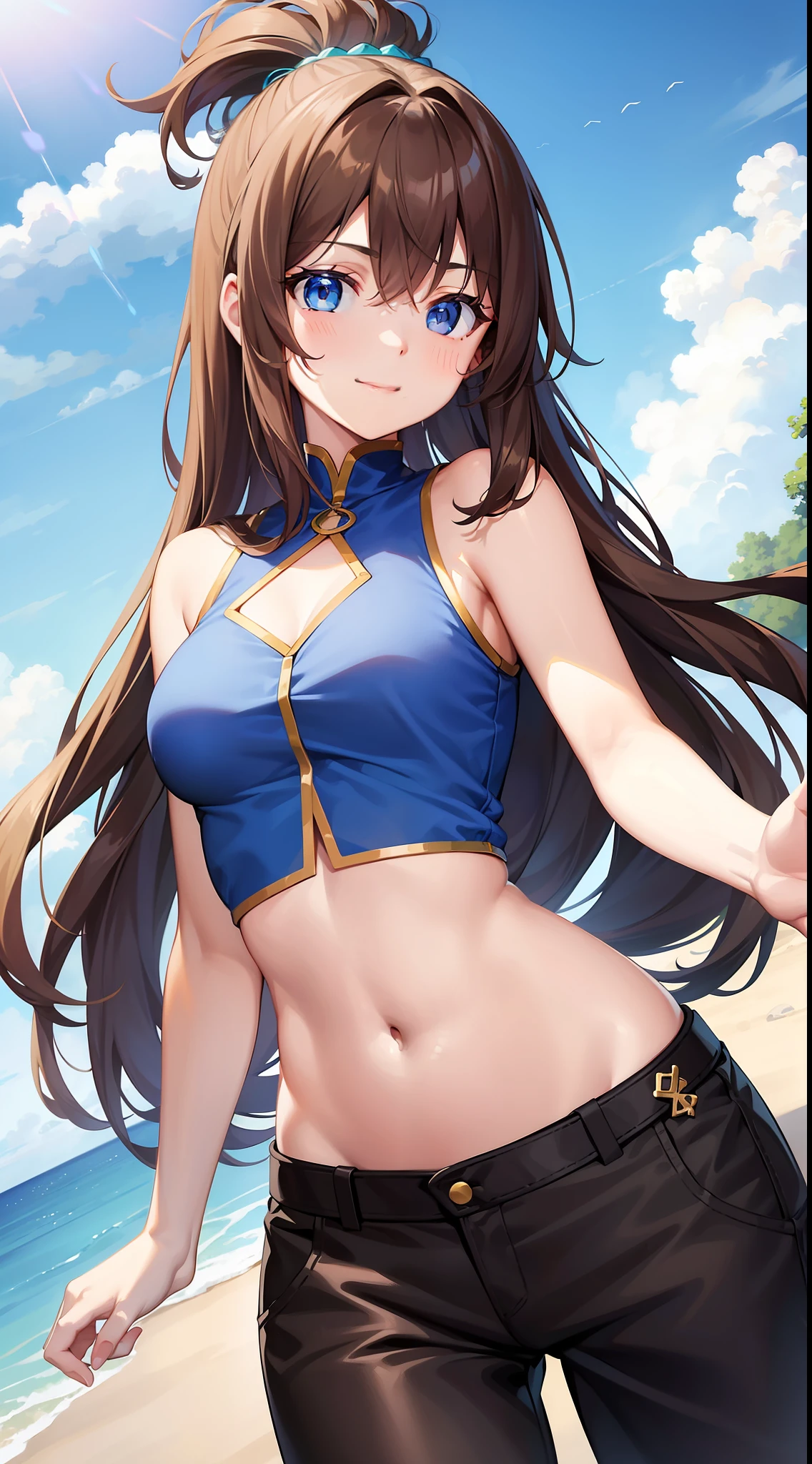 Young girl, long brown hair, blue eyes, blue top, sleeveless, open arms, open belly, chest neckline, pants, smile, masterpiece, high quality