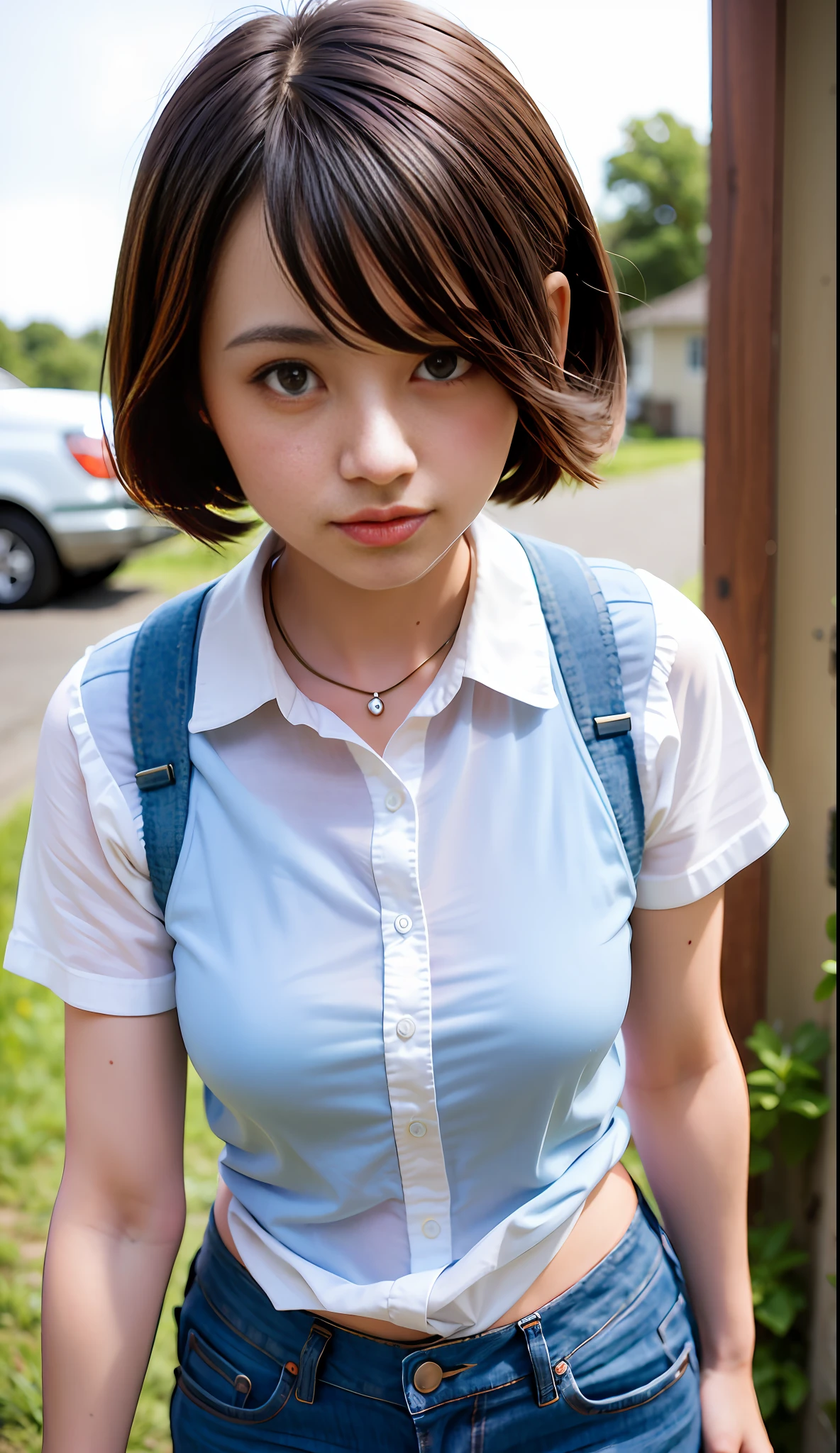 (8k, RAW photo, best quality, masterpiece: 1.2), (realistic, photorealistic photo: 1.37), ultra-detailed,
1 Girl, Cute, Solo, Beautiful Detailed Sky, (Detailed Ruins), Evening, (Nose Blush), (Seductive Smile: 1.1), (Shut Up), Room, Broken Truck, Professional Lighting, Sony A7R4, Zessie 50mm F1.8, Blurred Background, Beautiful Detailed Eyes, (Collared Shirt: 1.1), Bow Tie, Denim Shorts, (Wound Bandage), Oil Stain, (Short Hair: 1.2), Floating Hair Mix