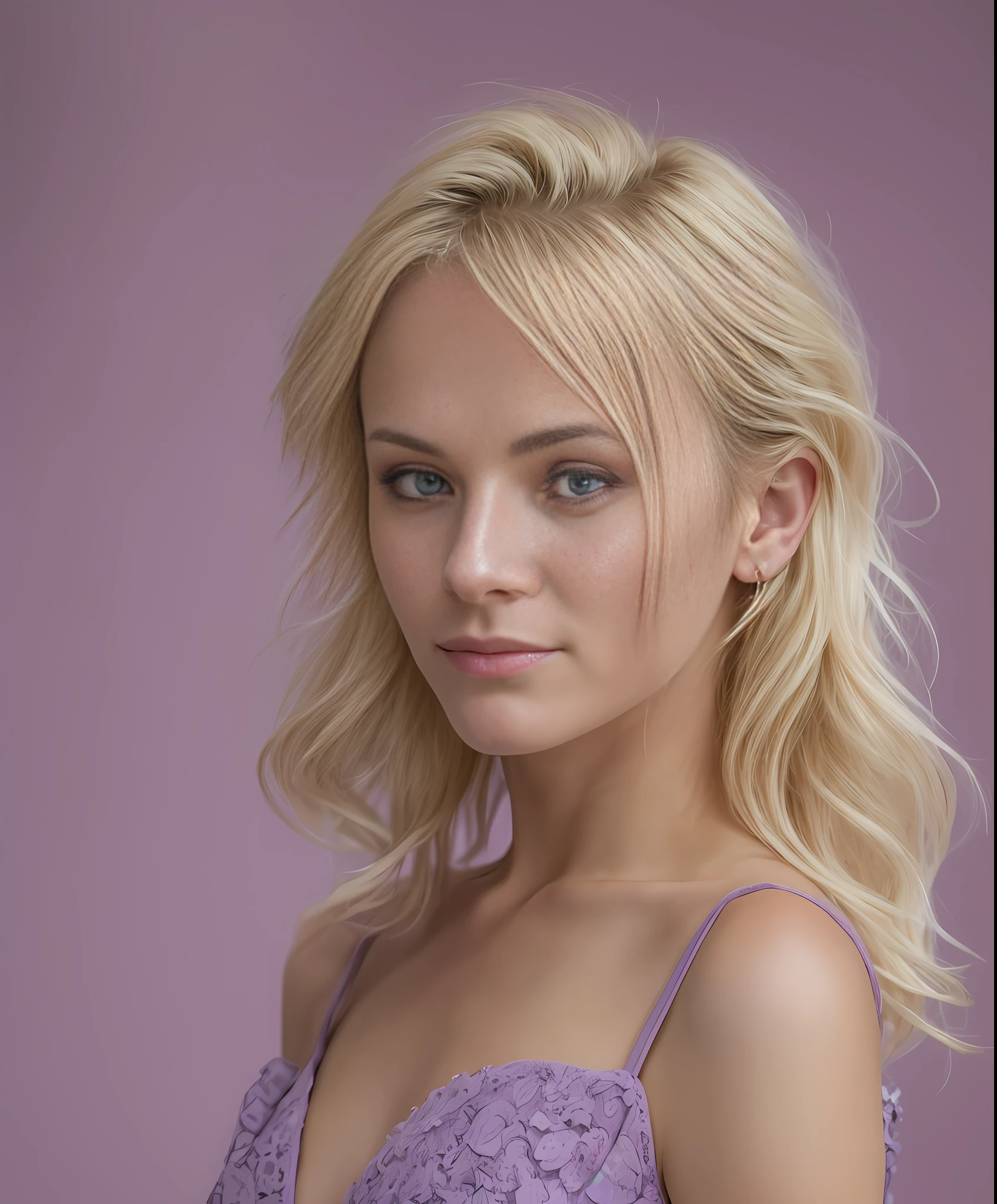 A mid-shot photo of Marianne Durand, with her ((blonde hair)) styled perfectly, a serious expression on her face and a subtly seductive glance, modeling an expensive dress inside a photo studio. The background is a ((lavender color)) hue, highlighting her natural beauty.