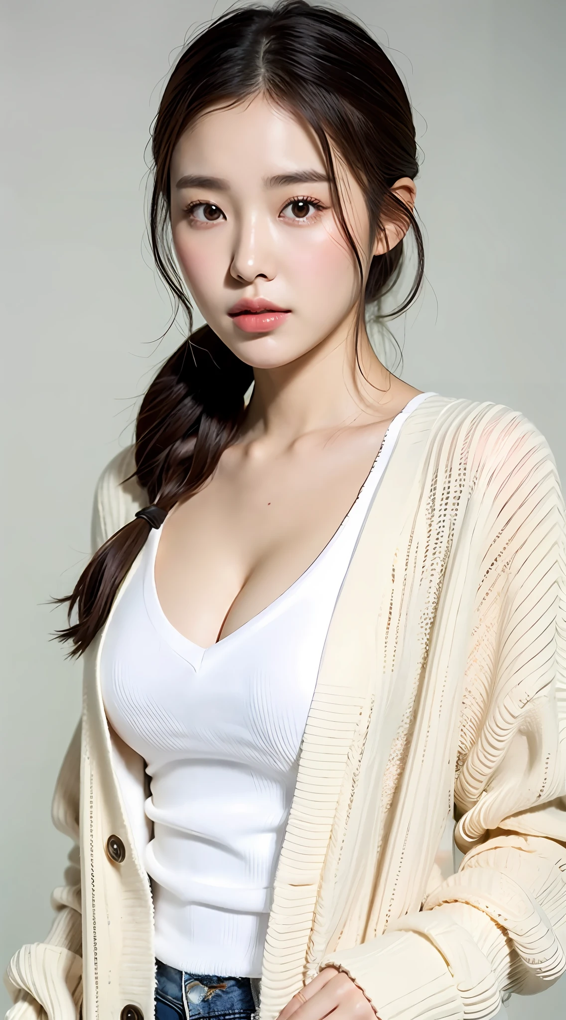 Close-up of a woman in a white shirt and cardigan, Korean female fashion model, gorgeous young Korean woman, Bae So, actress from Korea, Lee Ji-eun, Lee Ji-eun, Choi Hyun-hwa, beautiful Korean young woman, young cute Korean face, cute Korean actress, beautiful Korean woman, Park Jimin, Chinese girl, 20 years old, sexy, busty, deep V-neck, huge breasts,