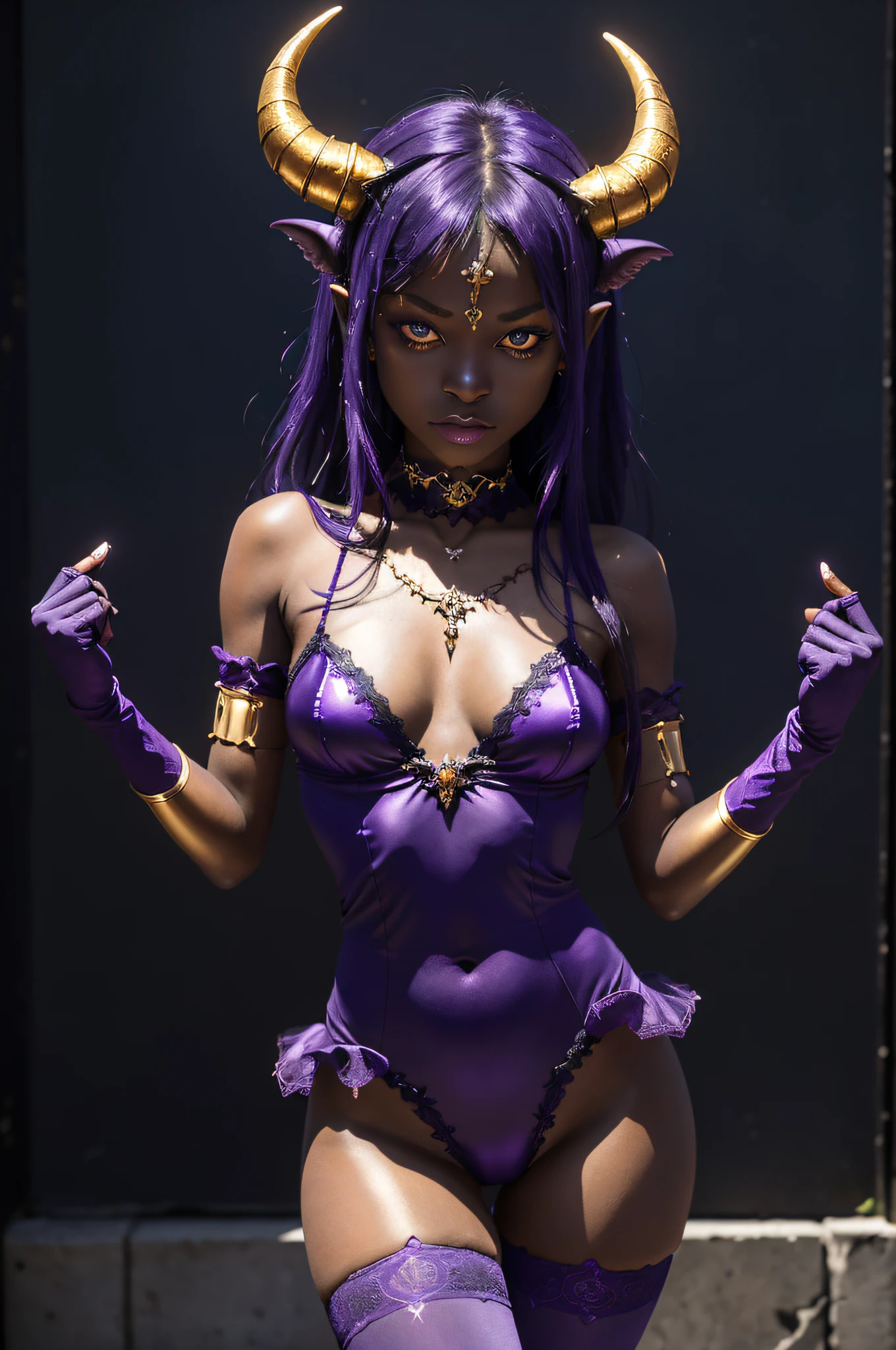 (masterpiece: 1.2, best quality), (1 li, solo), small breasts, (Dynamic posture), (shiny skin, dark purple skin), demon girl, purple skin thin and lacy gloves, ( small demonic horns:1.1), (Lilith \(Darkstalkers\)), (heaven), fringe, (jewelry, golden ornament:1.15 ), large pelvis, blue (pantyhose:1.1)