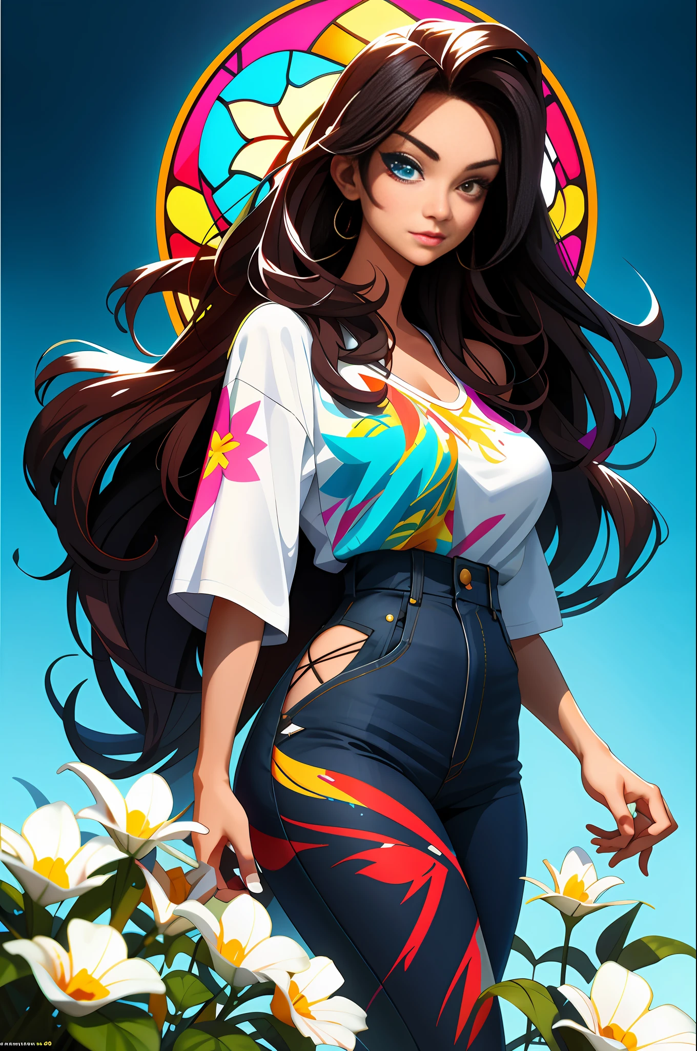 ASHLEY ALEXISS beautiful woman with long hair ultra detailed, (beautiful and clear background:1.2),, fantastic paintings ,graffit style, flowers, olhos altamente detalhados , a t-shirt or dressed in a white blouse underneath, position, with long black hair , stained glass colored, fantastic paintings by joe madureira ,high quality,photo, sticker art,beautiful woman carol nakamura with long hair , freedom, soul, digital illustration, comic style, perfect anatomy, centered, approaching perfection, dynamic, highly detailed, watercolor painting, artstation, concept art, smooth, sharp focus, illustration, art by carne griffiths and wadim kashin,,alone anime girl pose, short pastel hair ,heterochromia, perfect anatomy, centered, approaching perfection, dynamic, highly detailed, character sheet, artstation, concept art, smooth, sharp focus, illustration