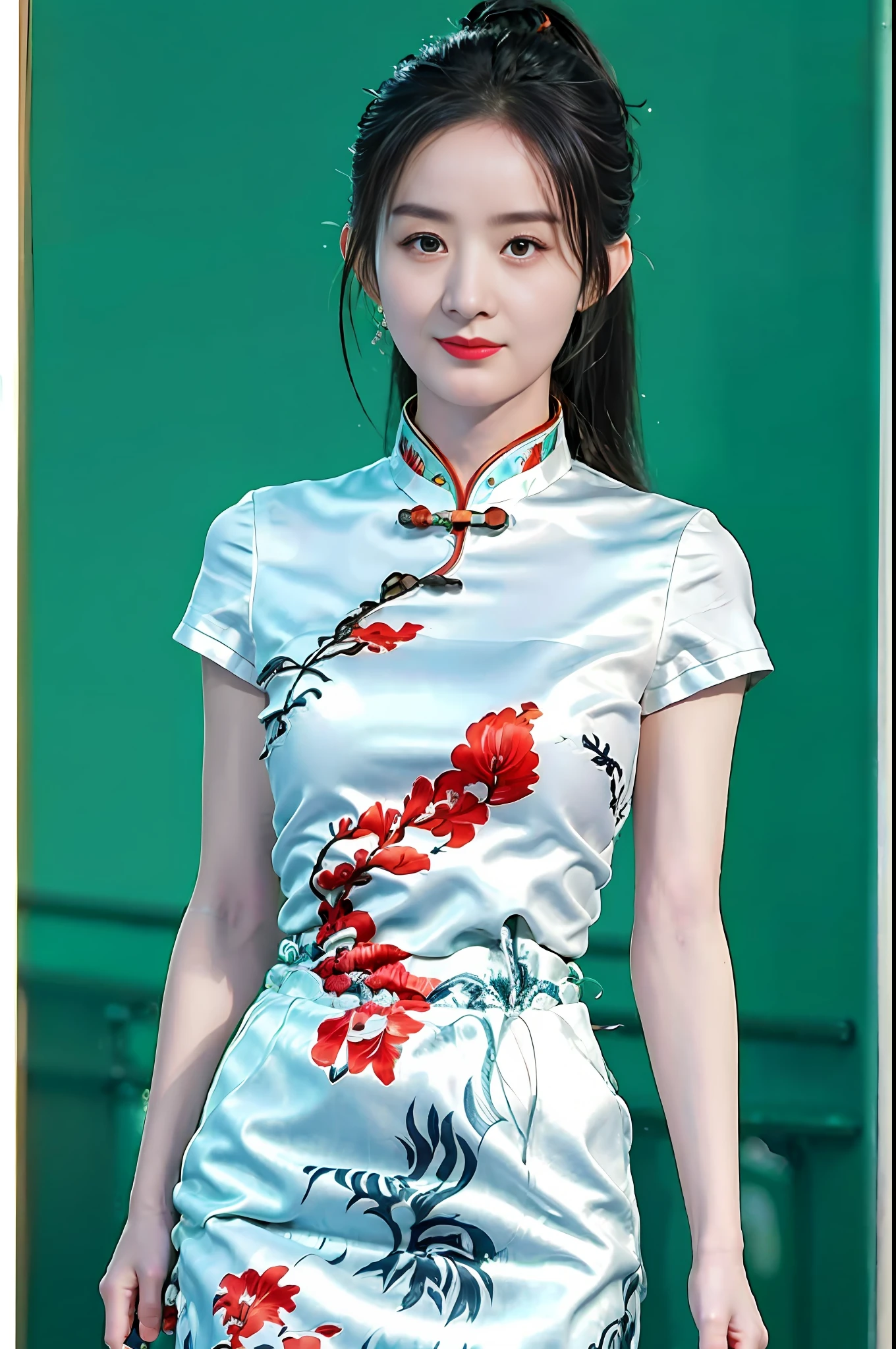 Masterpiece, best, 1girl, aqua eyes, black hair, shut up, colorful background, looking at viewer, outdoor, solo, upper body, seductive, clean, beautiful face, pure face, fair skin, sexy pose, ( (Porcelain skirt, Hanfu)), long hair, ((perfect female figure)), mature woman, mature woman, narrow waist, Chinese goddess