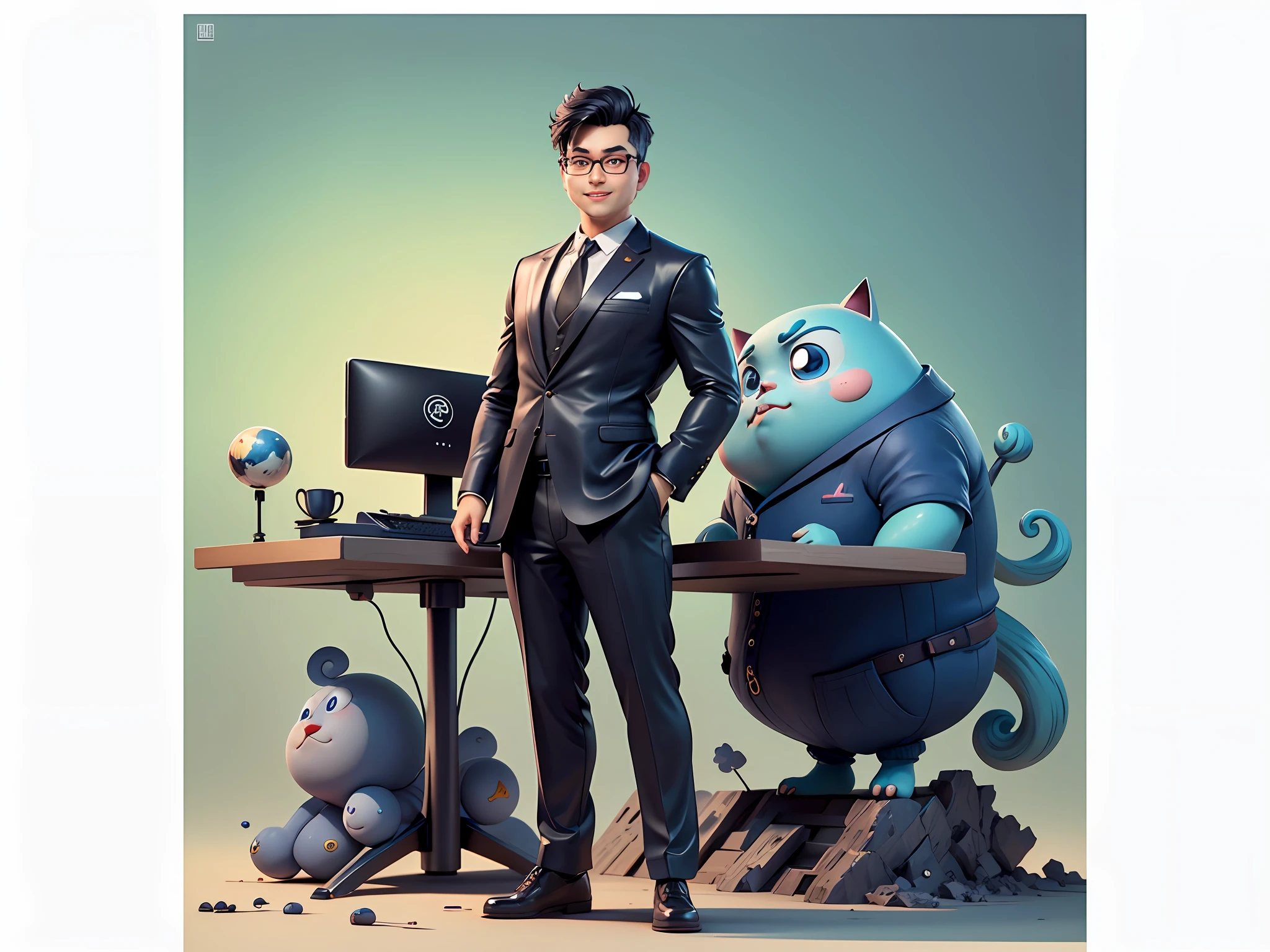 Masterpiece), (Excellent), (Super Meticulous), (Full Body: 1.2), Super Young Woman, Beautiful, Sexy, Bursting, Oriental Face, TV Anchor, Bust Portrait Illustration, Alone, Black Suit, Blue Tie, Silver Glasses, Slightly Chubby Face, Very Clean Face, No Beard, Black Super Short Hair, Black Eyes, Confident Smile, 3c Computer Sub-Products, iPad, iPhone, Digital Painting, 3D Character Design by Mark Clairenden and Pixar and Hayao Miyazaki, The illustration is a high-definition illustration in 4K resolution with very detailed facial features and cartoon-style visuals.