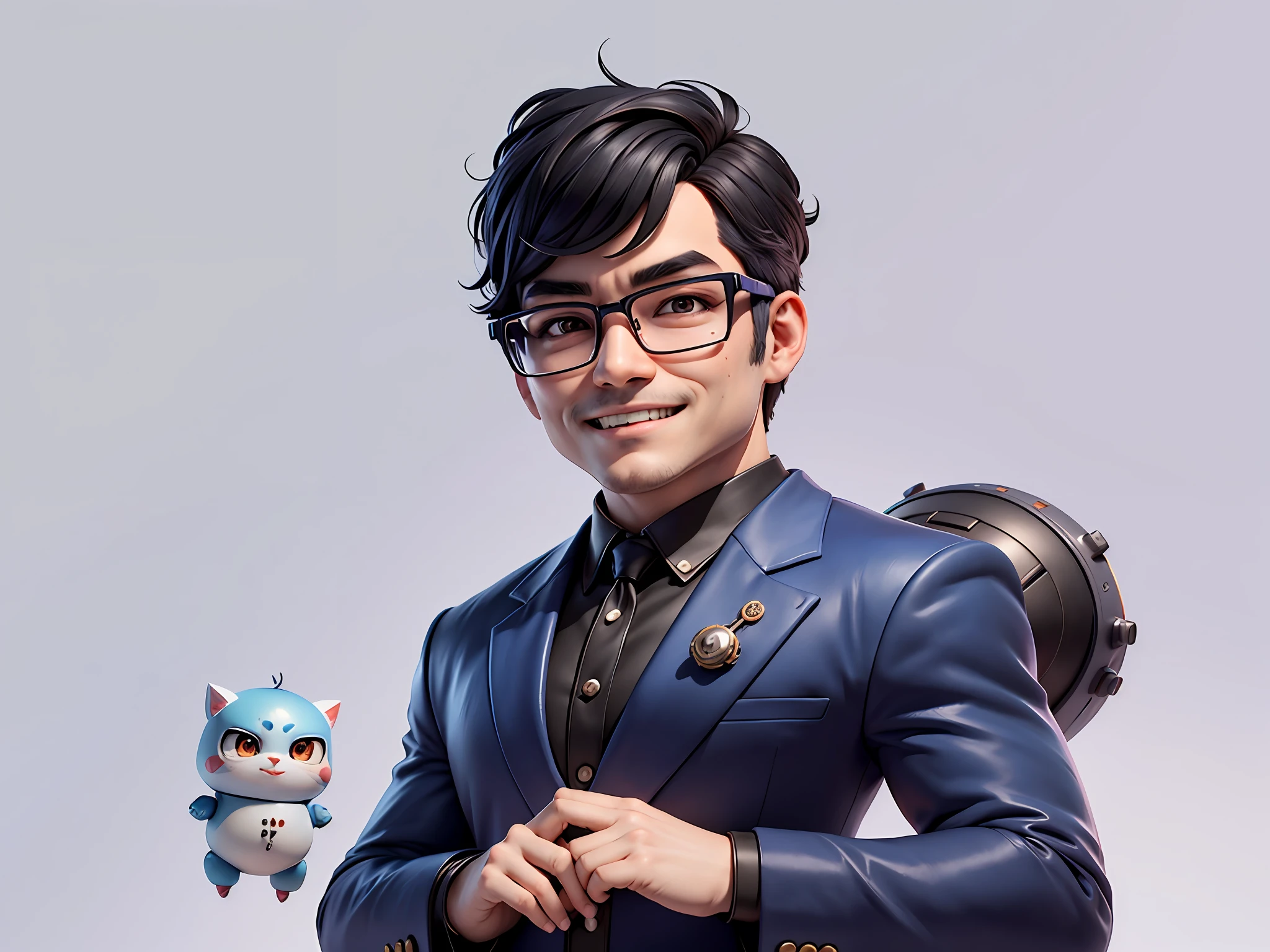 Masterpiece), (Excellent), (Super Meticulous), (Full Body: 1.2), Super Young Woman, Beautiful, Sexy, Bursting, Oriental Face, TV Anchor, Bust Portrait Illustration, Alone, Black Suit, Blue Tie, Silver Glasses, Slightly Chubby Face, Very Clean Face, No Beard, Black Super Short Hair, Black Eyes, Confident Smile, 3c Computer Sub-Products, iPad, iPhone, Digital Painting, 3D Character Design by Mark Clairenden and Pixar and Hayao Miyazaki, The illustration is a high-definition illustration in 4K resolution with very detailed facial features and cartoon-style visuals.