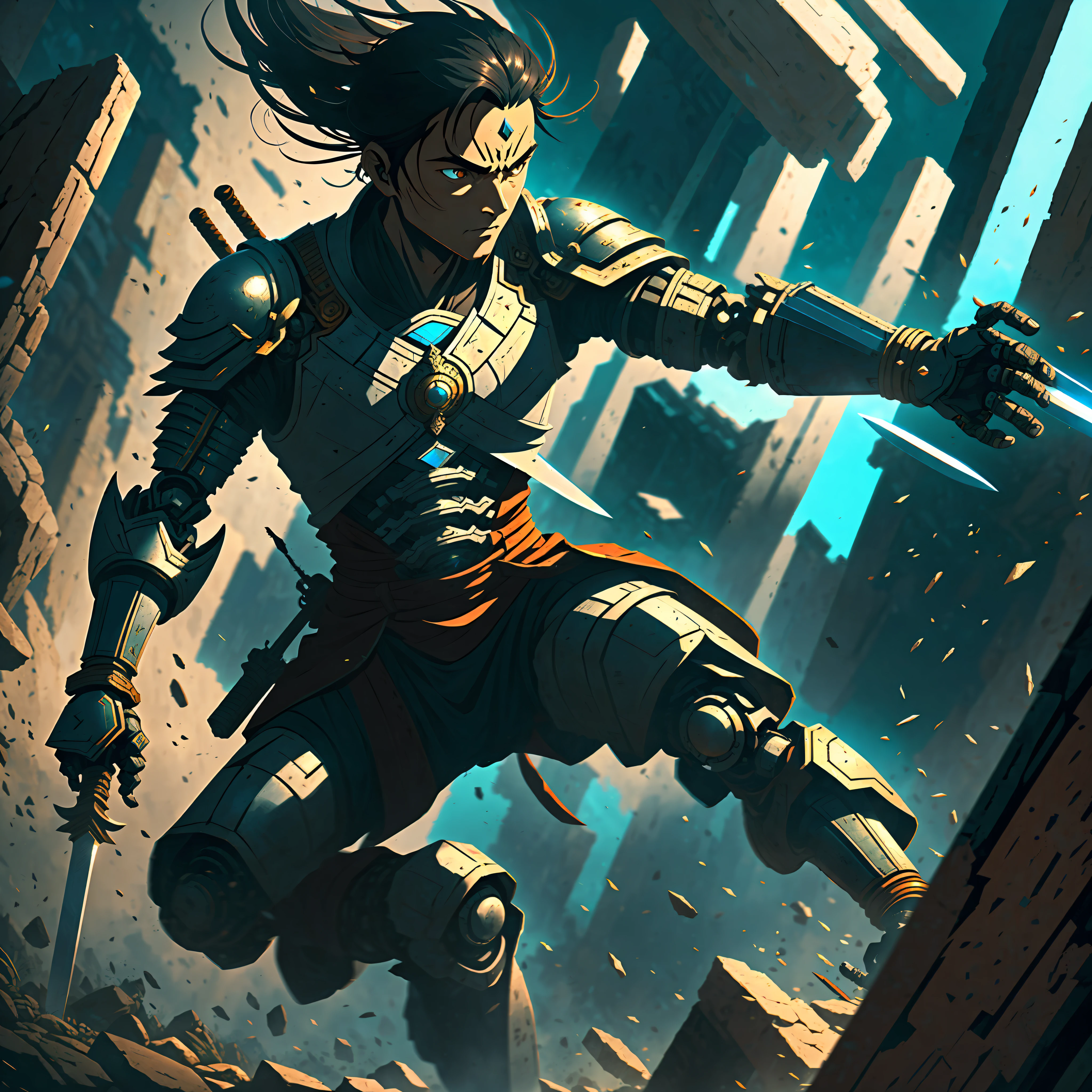 Describe an ancient swordsman jumping up to kill a robot, high detail, cinematic lighting, UHD, high details, textured skin --auto --s2