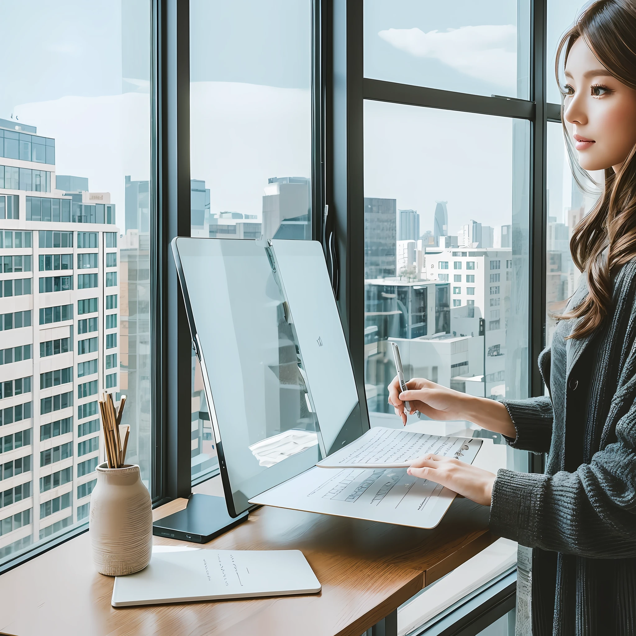 A beautiful modern fashion girl, a wedding planner, standing in front of the floor-to-ceiling windows of a modernly furnished office, holding an iPad, is writing notes --auto --s2